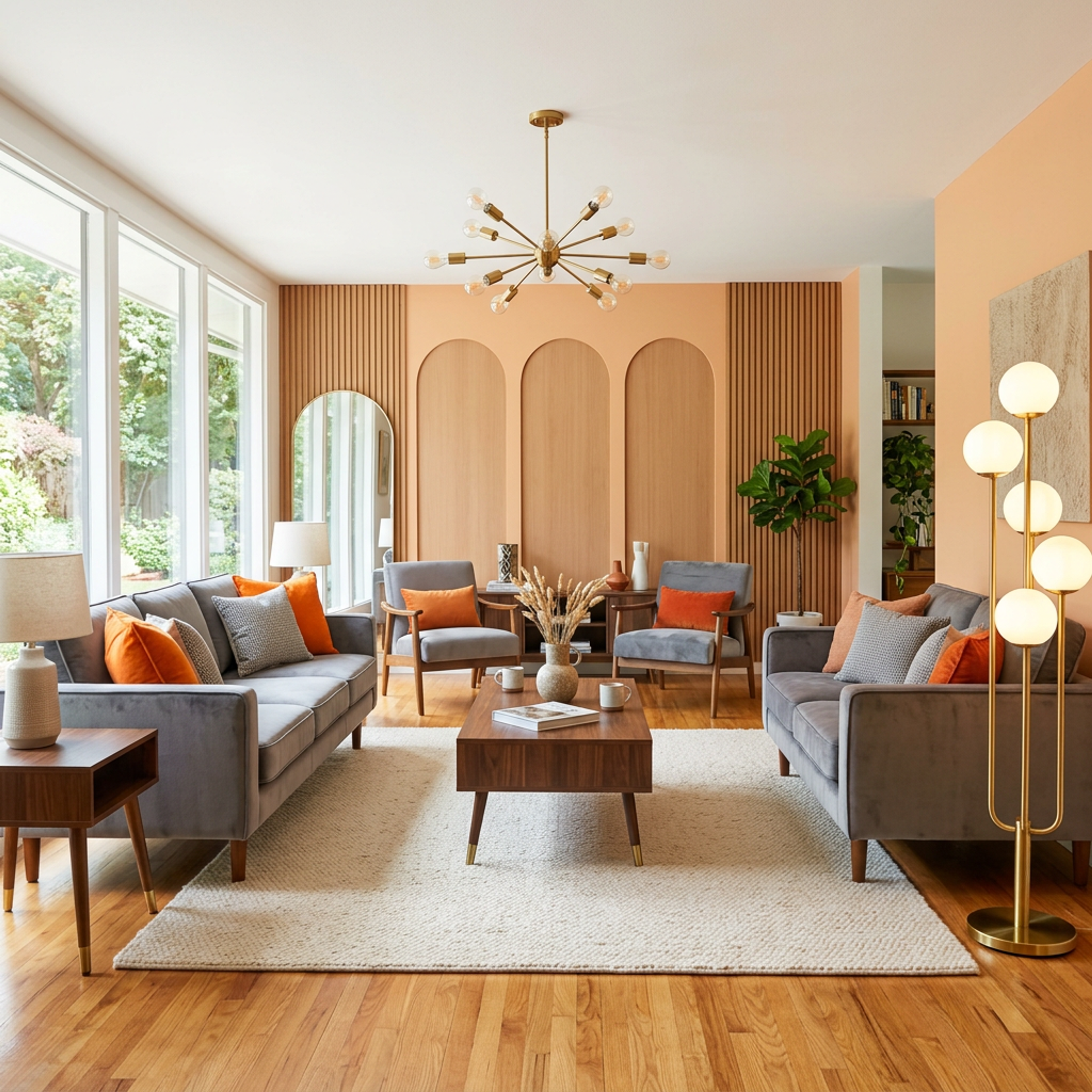 Contemporary Living Room Design with Grey Velvet Sofa and Wall