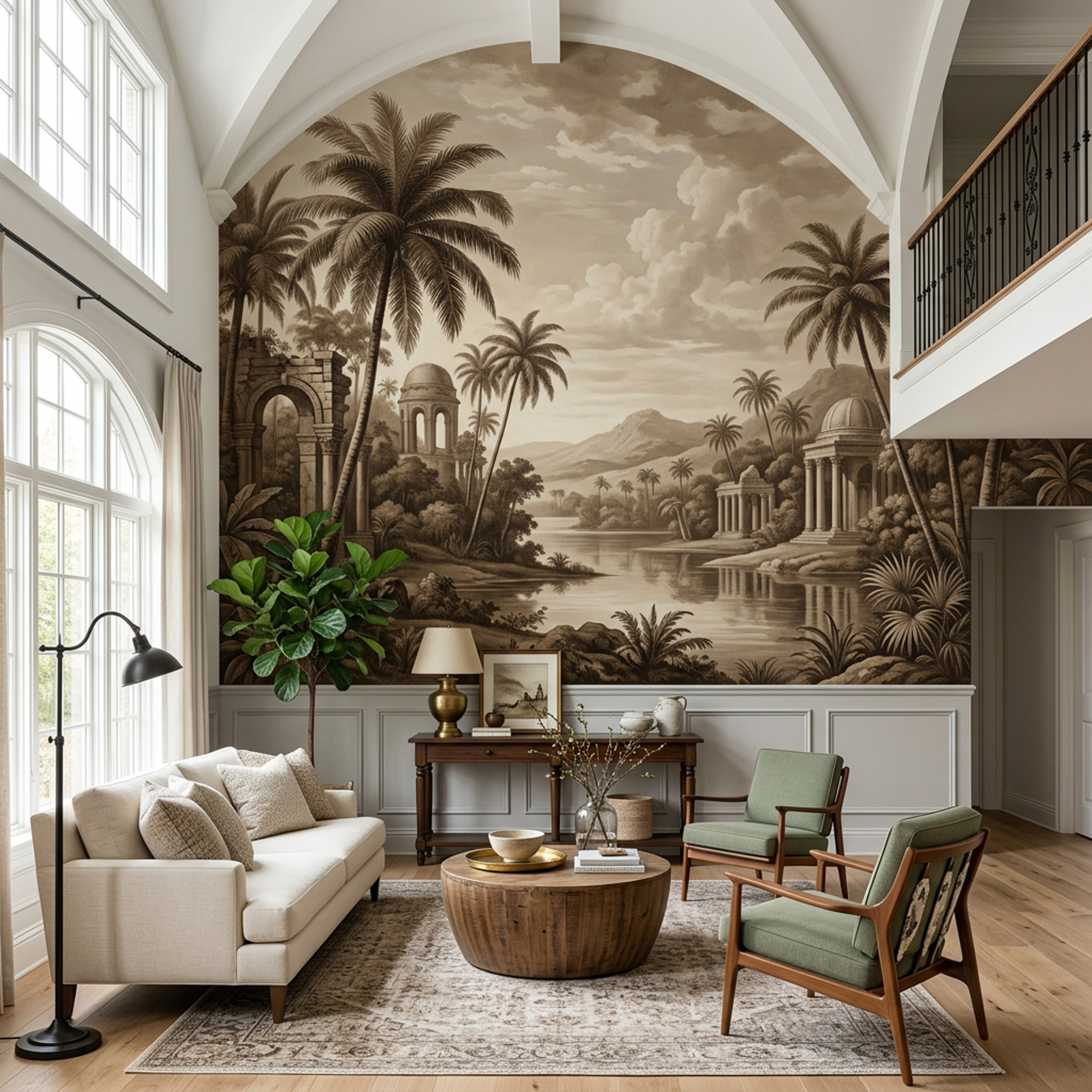 Tropical Living Room Design with Vaulted Ceiling and Console Table