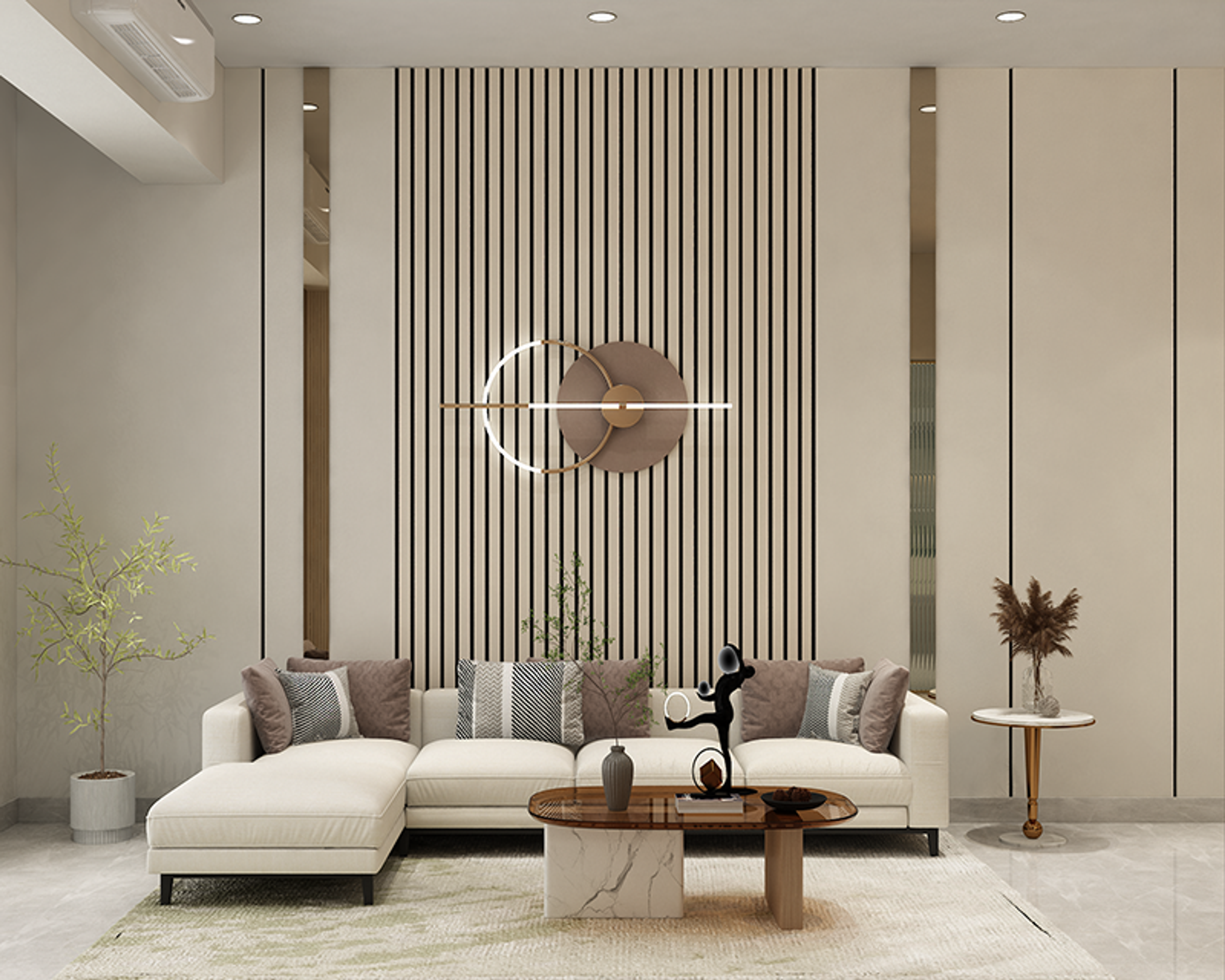 Modern Living Room Design with Cream Sectional Sofa and Slatted Wall