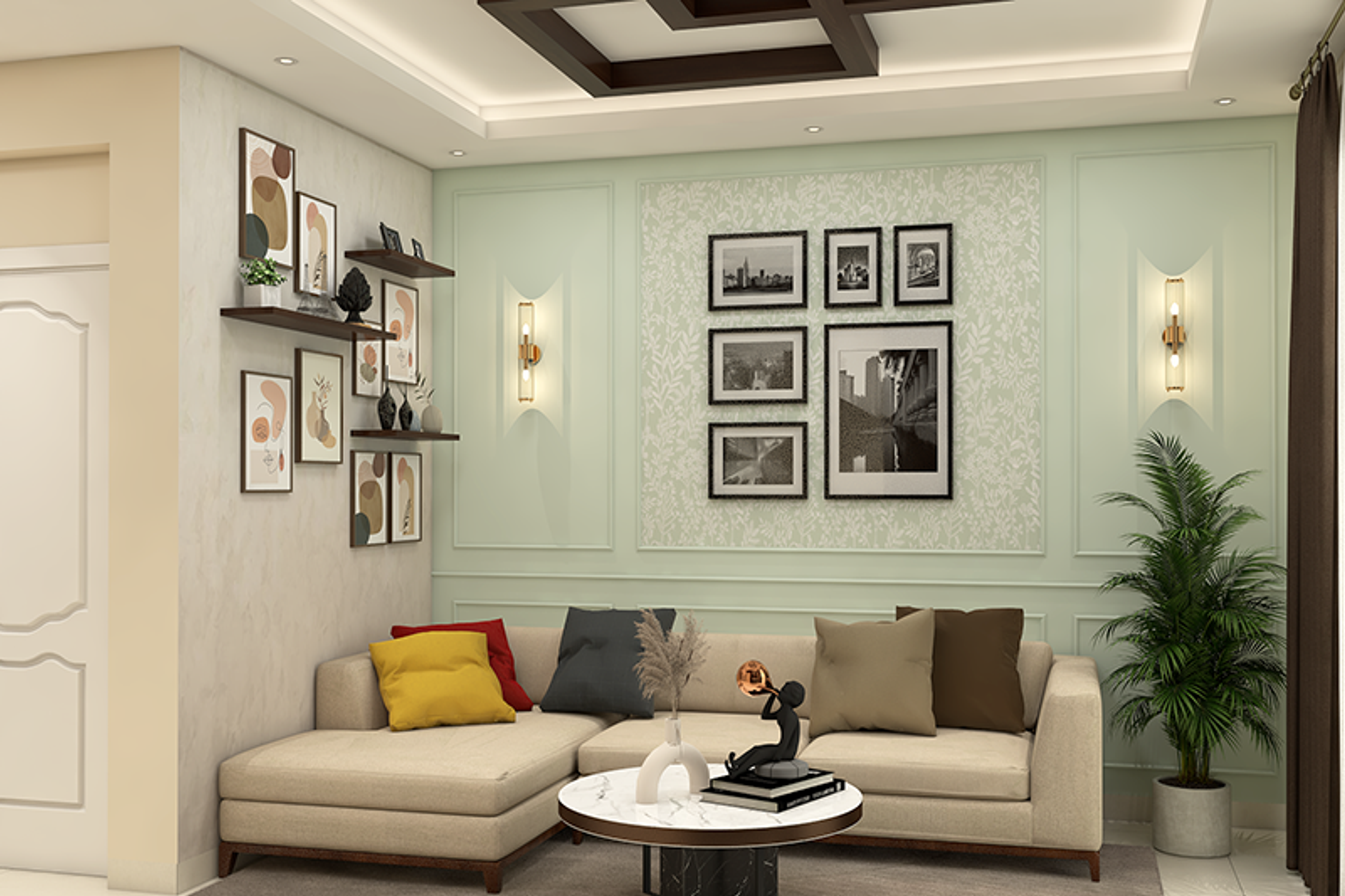 Classic Living Room Design with Beige Sectional Sofa and Green Walls