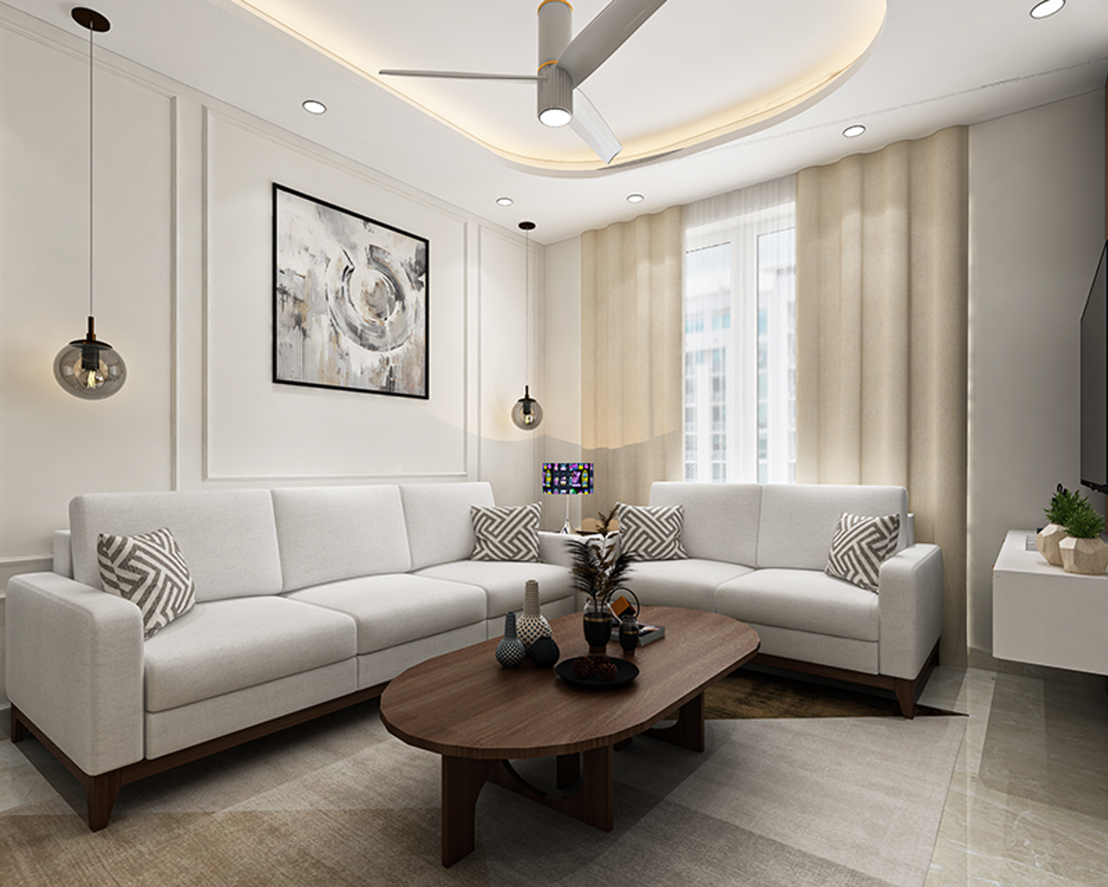 Minimal Living Room Design with White Sofa and Wooden Coffee Table