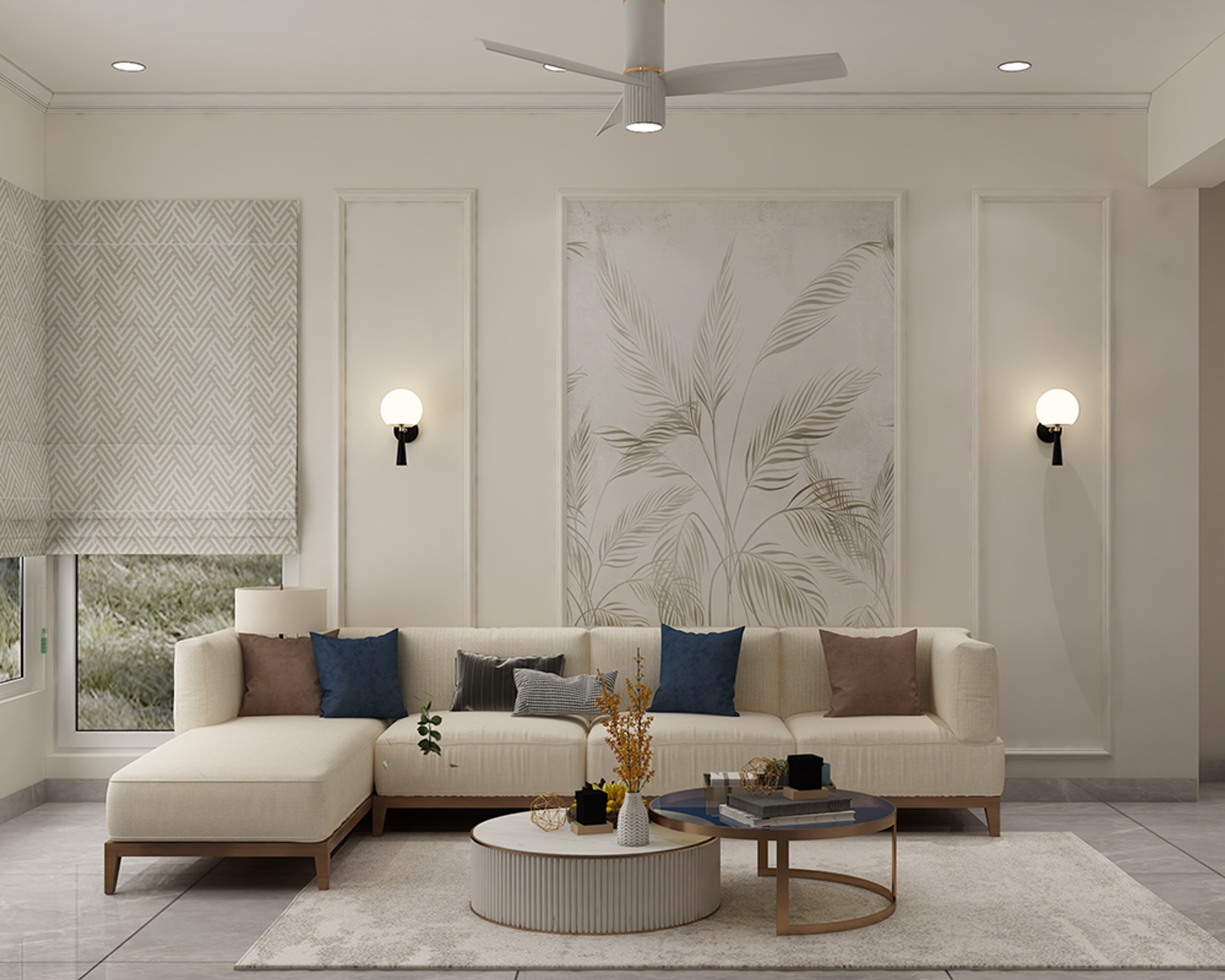 Contemporary Living Room Design with Cream Sectional Sofa