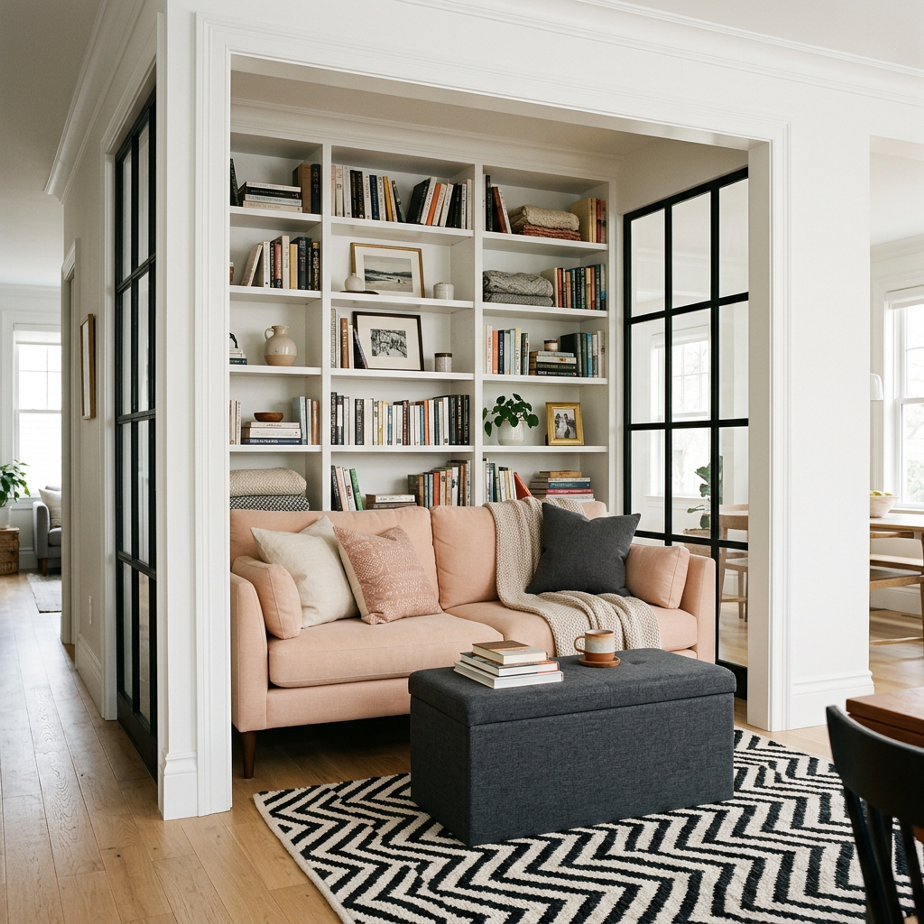 Contemporary Living Room Design with Blush Pink Sofa and Bookcase Wall