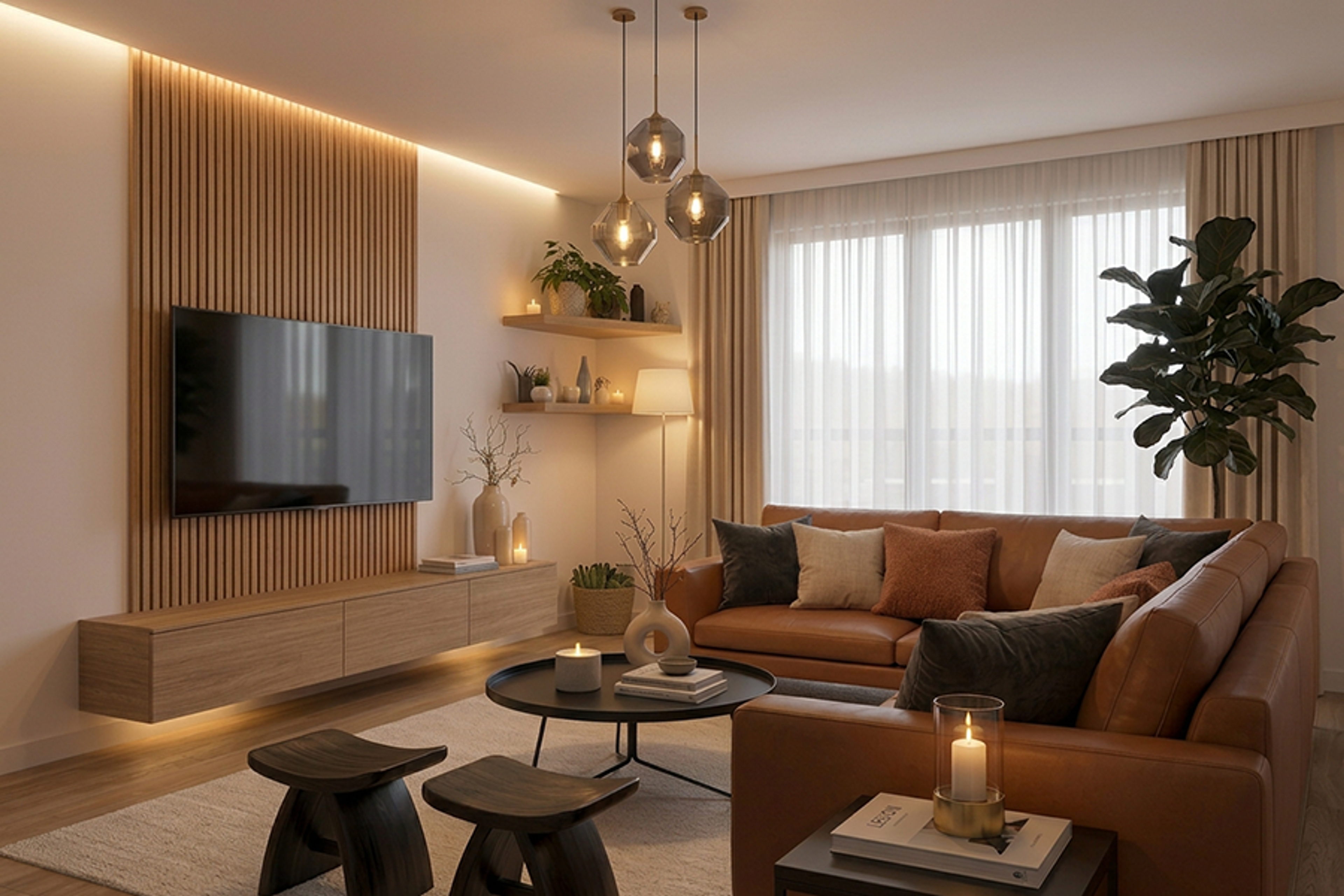 Modern Living Room Design with Brown Leather Sofa and Wooden Stools