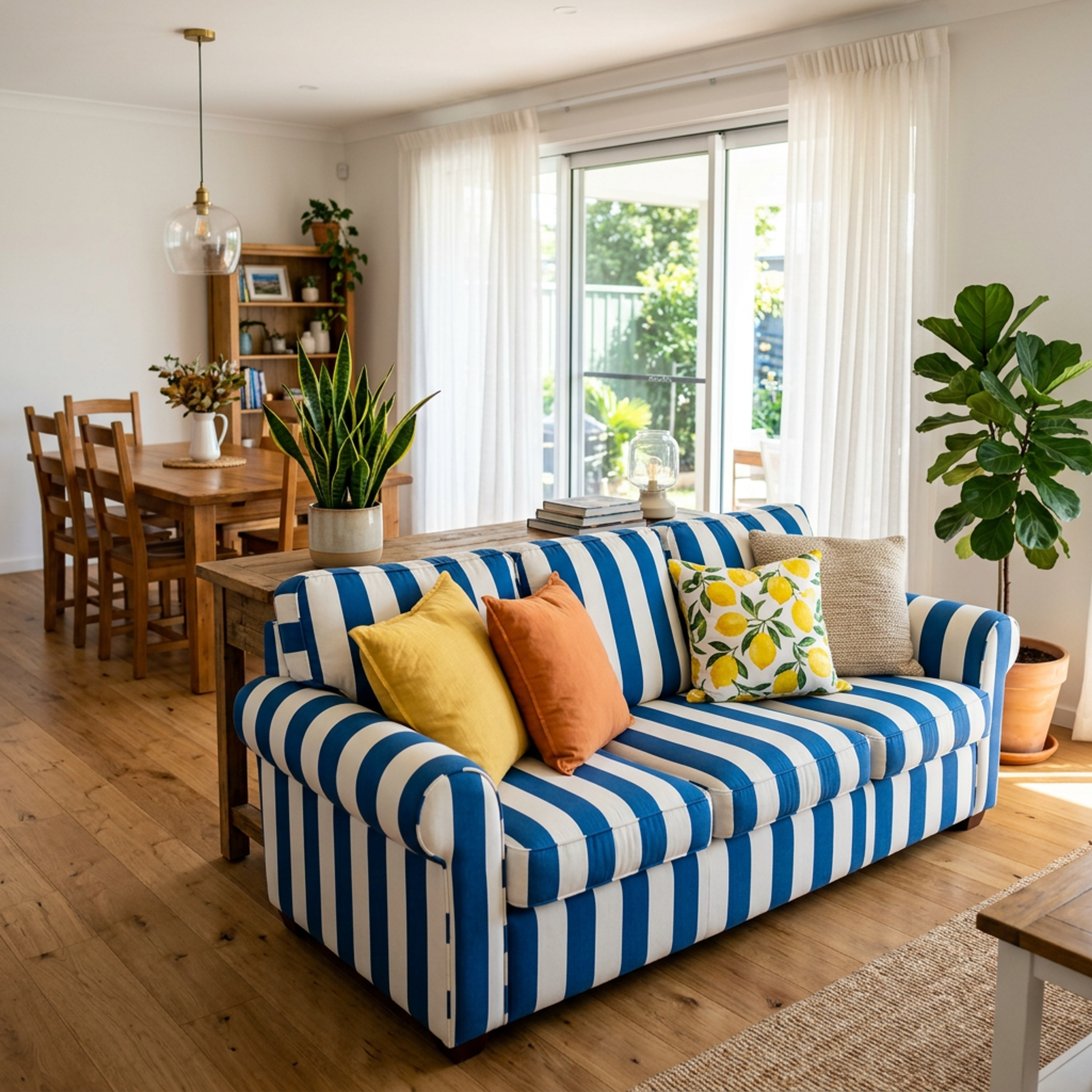 Coastal Living Room Design with Striped Sofa and Dining Table