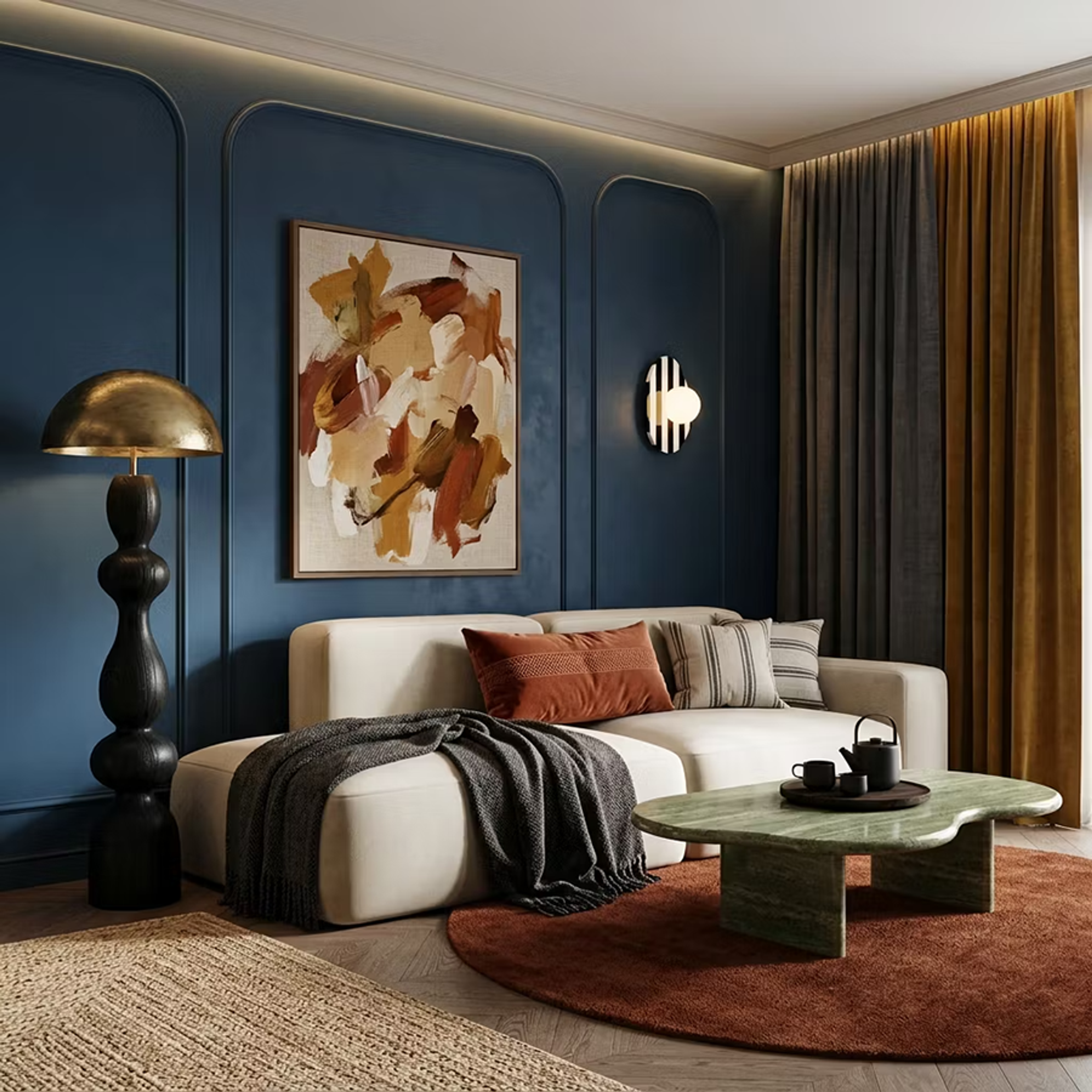 Modern Living Room Design with Navy Blue Wall and Marble Coffee Table