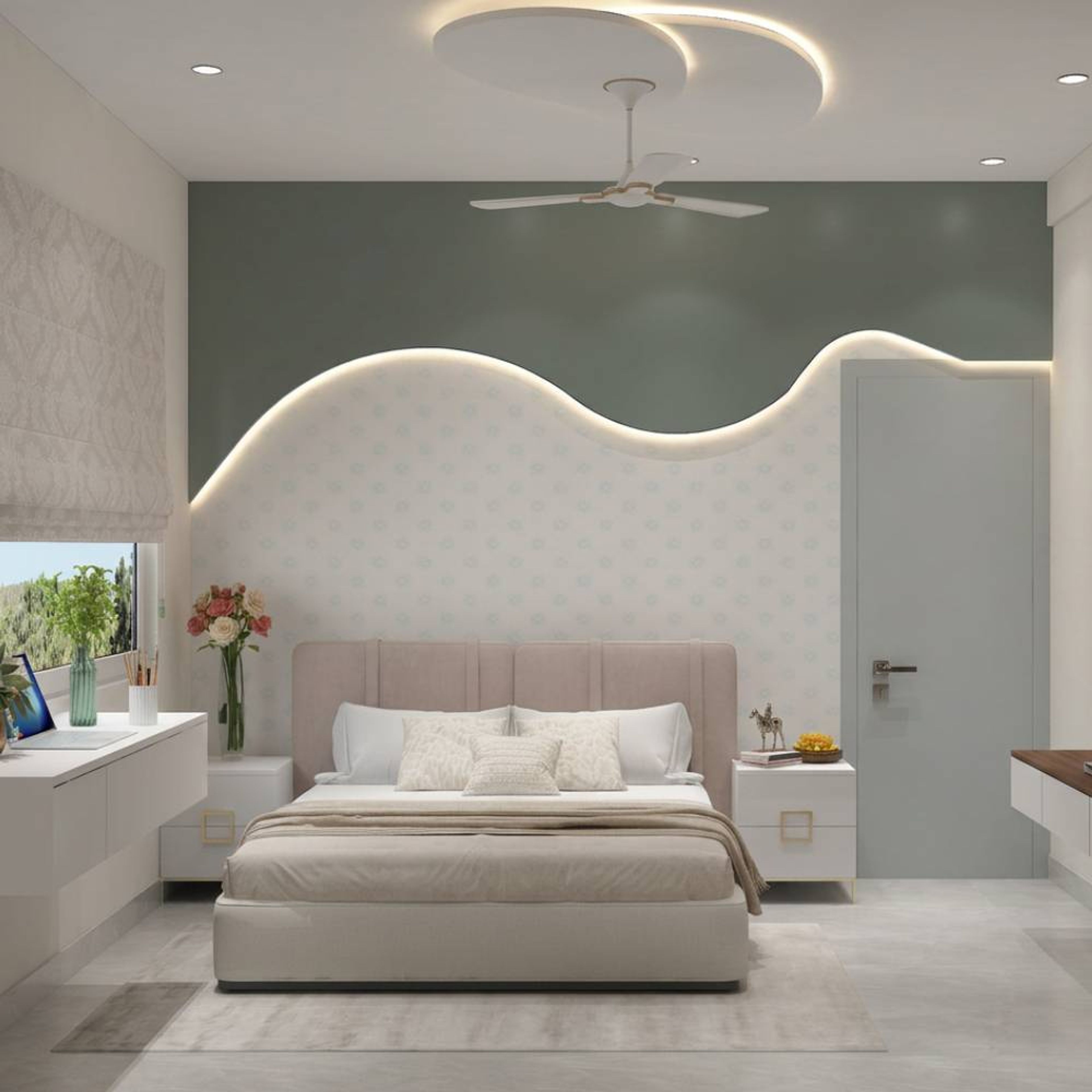 Contemporary Master Bedroom Design with Curving Backlit Accent Wall