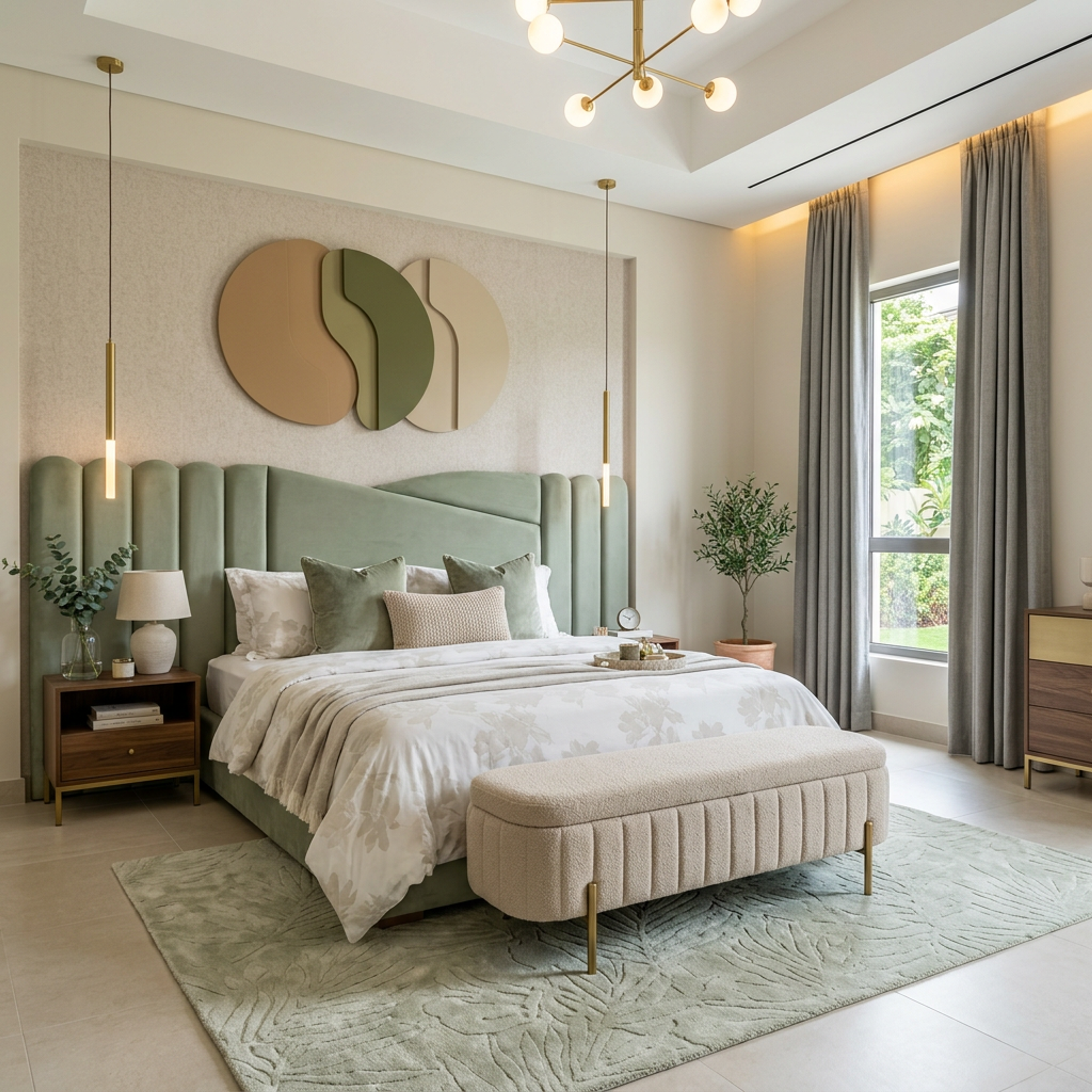 Modern Master Bedroom Design with Sculpted Headboard and Plush End-Bench