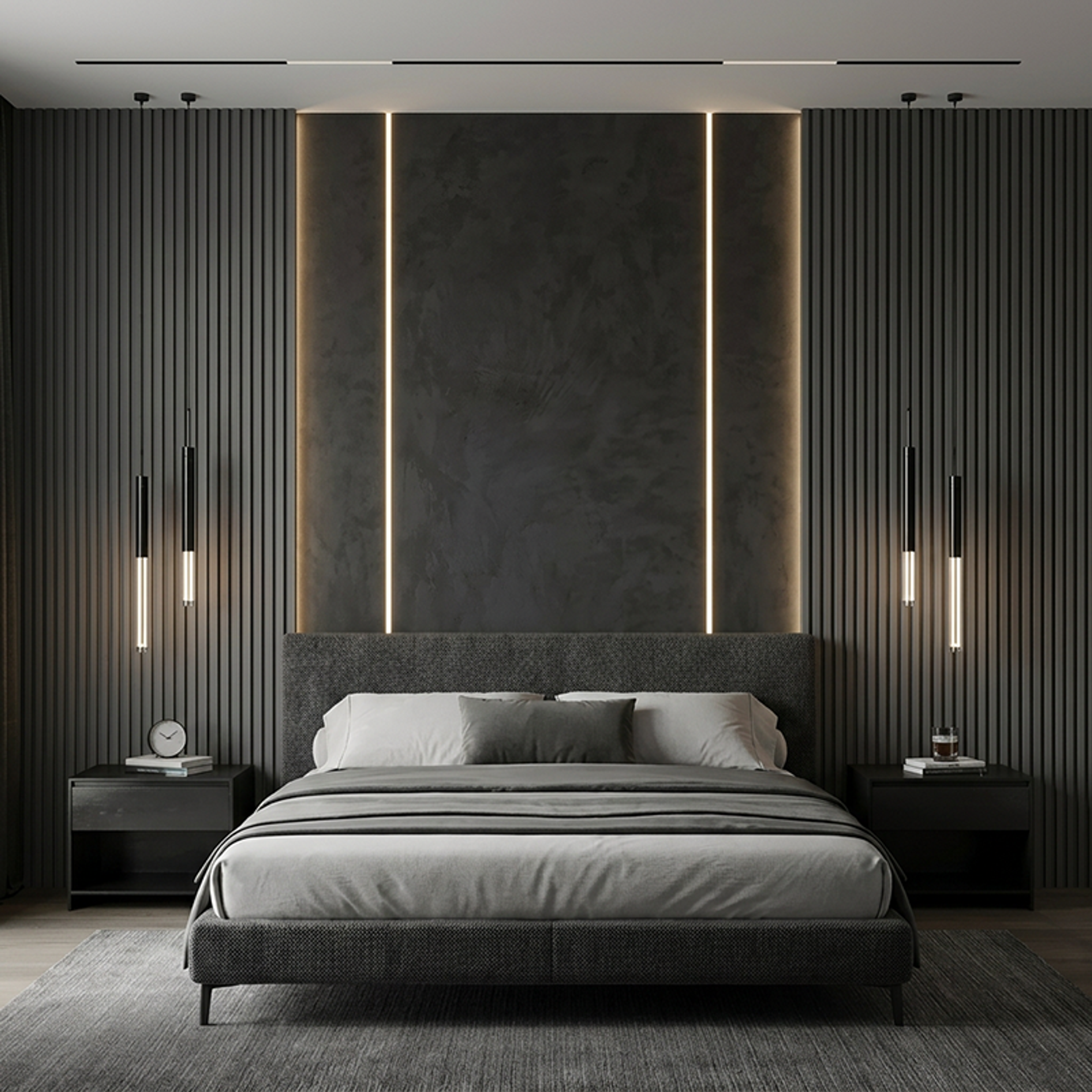Modern Master Bedroom Design with Charcoal Fluted Walls and Lighting
