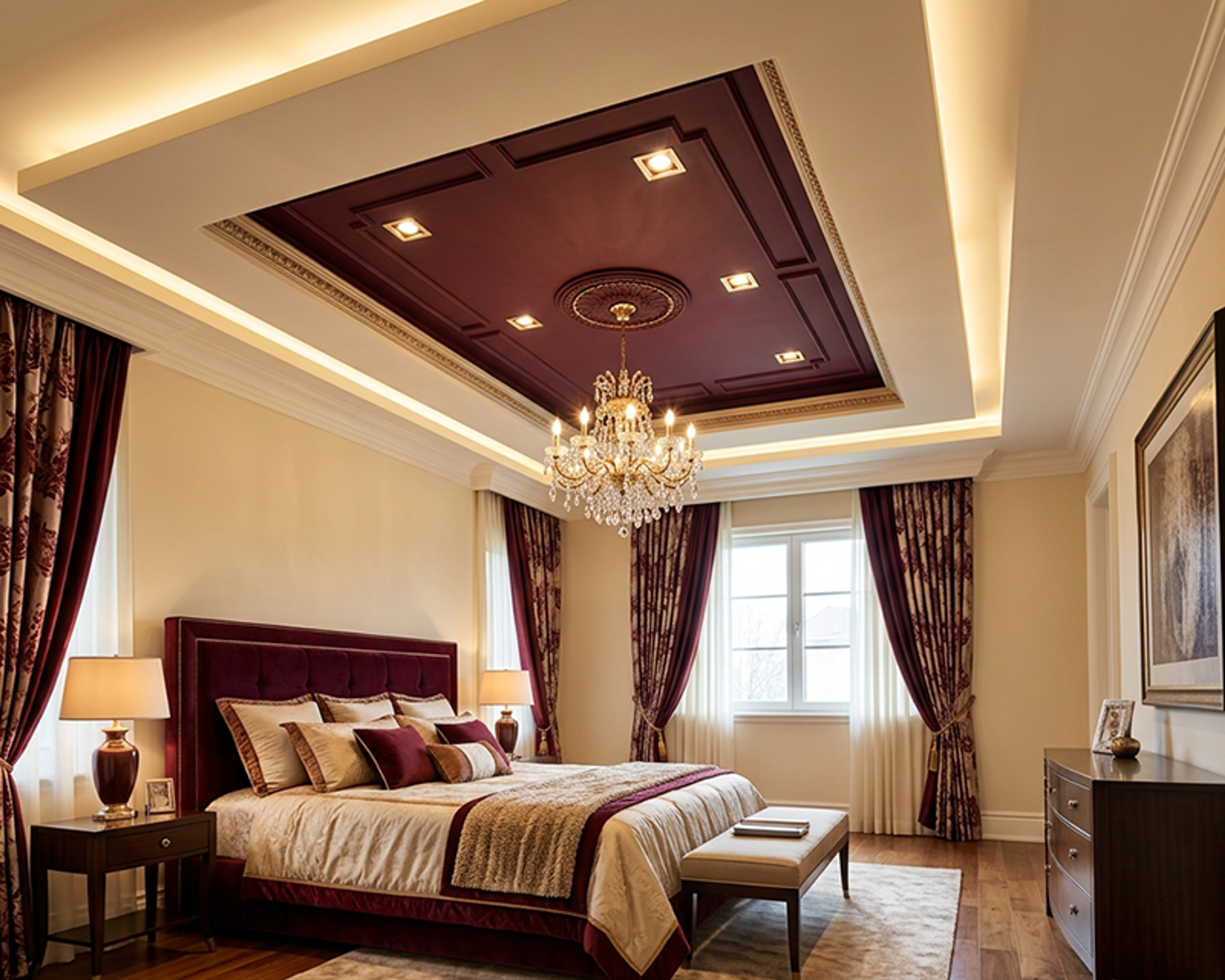 Transitional Master Bedroom Design with Velvet Tufted Bed and Chandelier