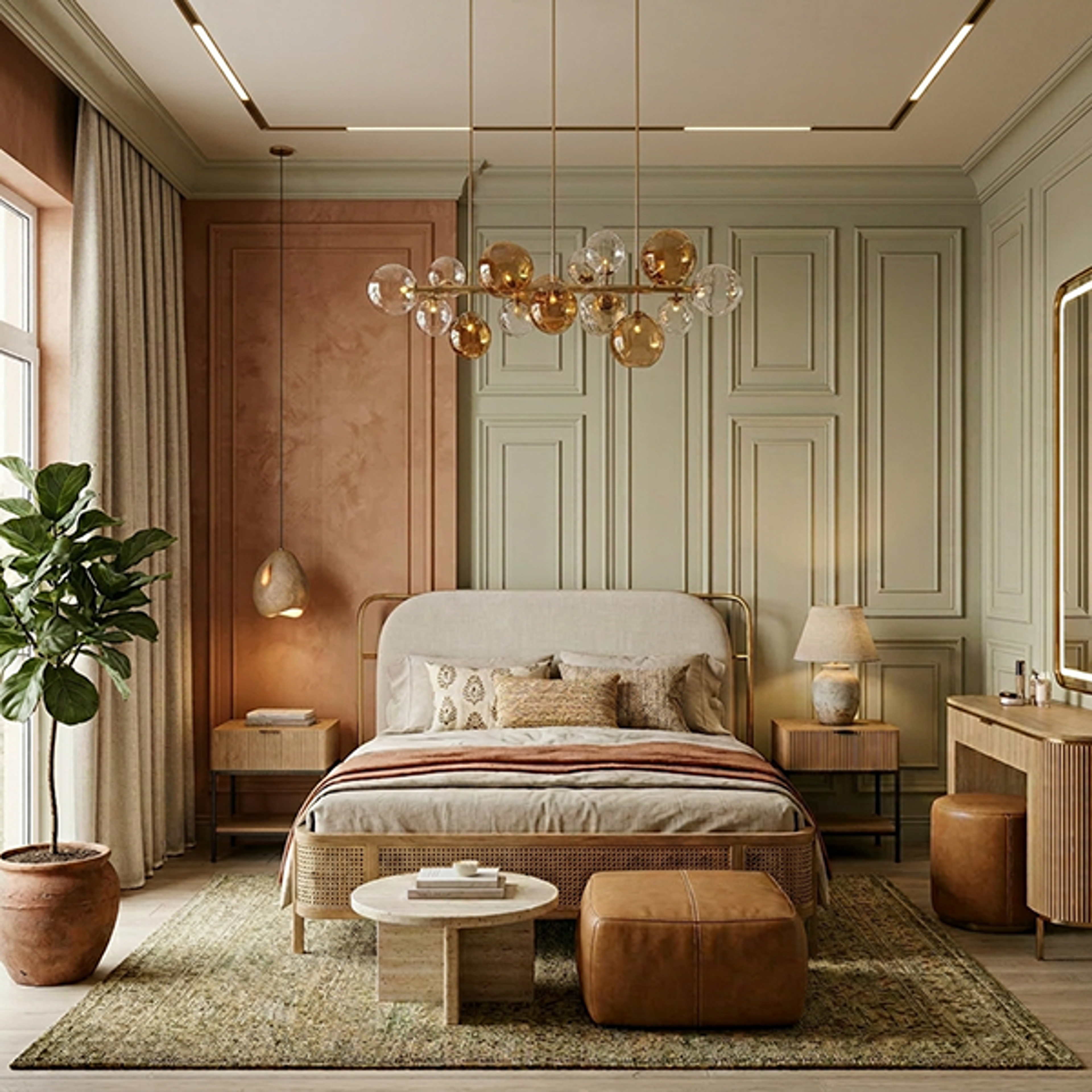 Classic Master Bedroom Design with Rattan Bed and Sage Wall Wainscoting