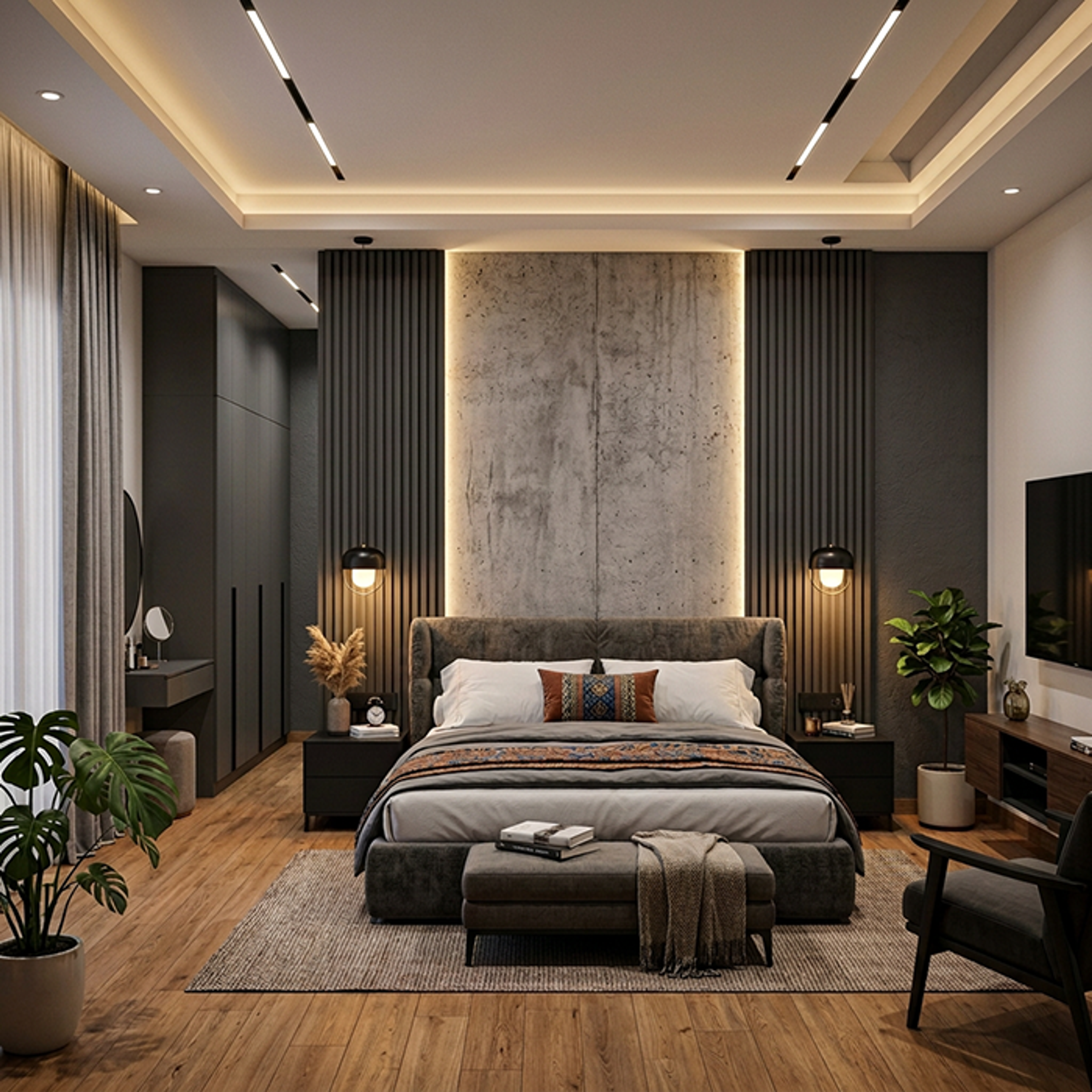 Modern Master Bedroom Design with Backlit Concrete Wall and Fluted Panels