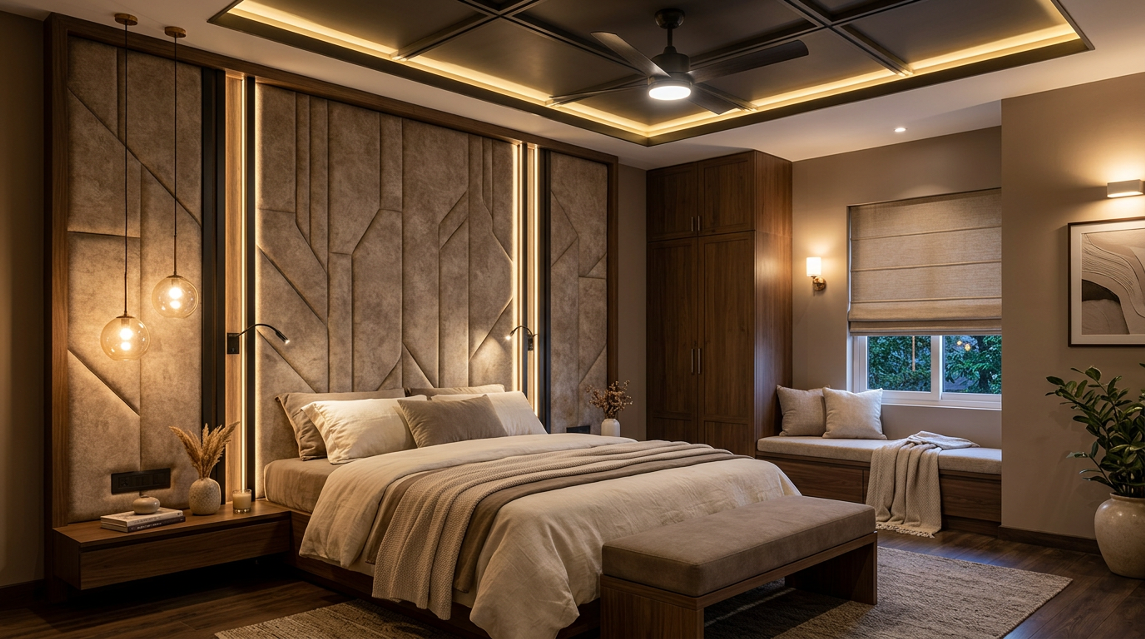 Contemporary Master Bedroom Design with Geometric Feature Wall and Cove Lights