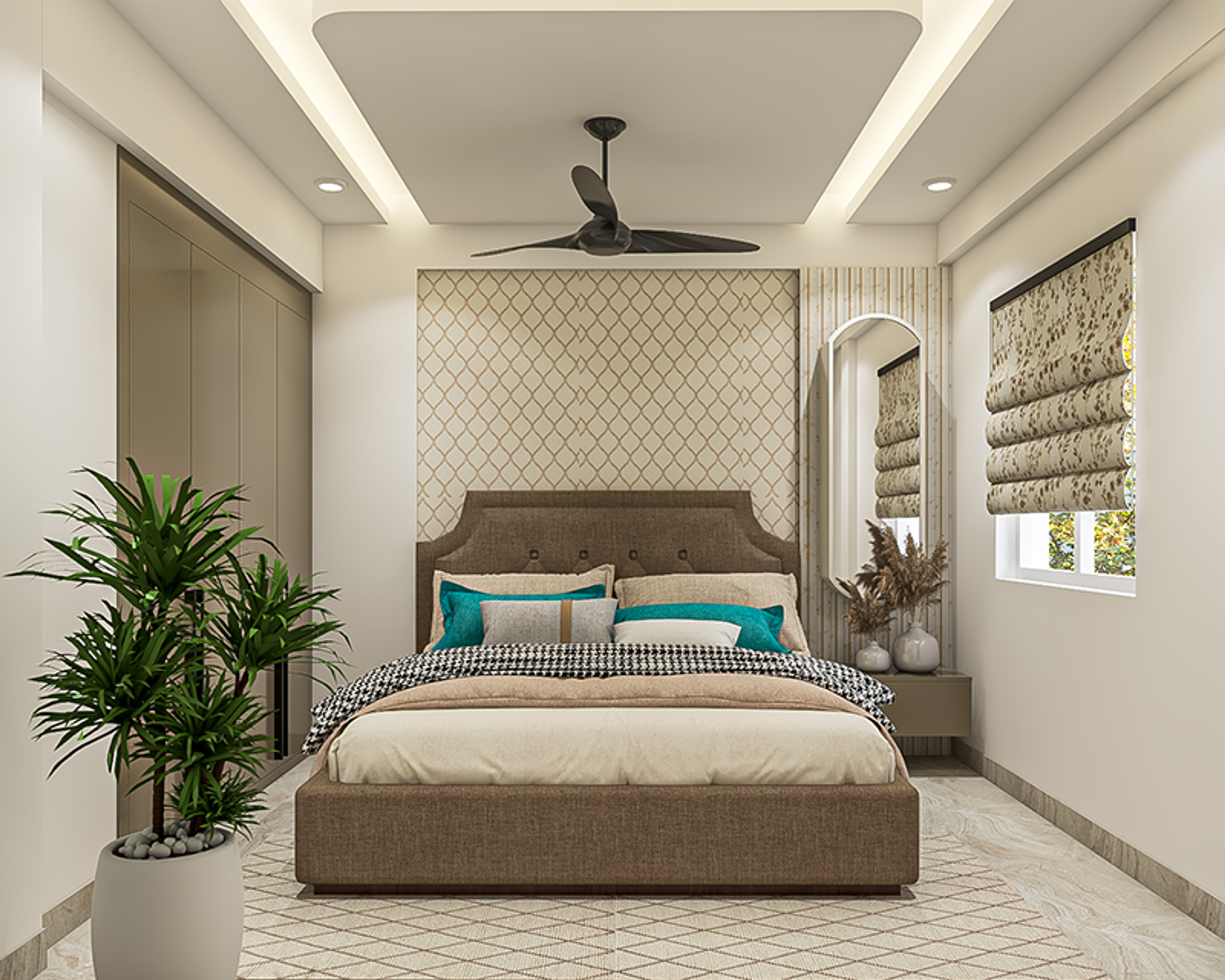 Contemporary Master Bedroom Design with Taupe Bed and Geometric Wallpaper