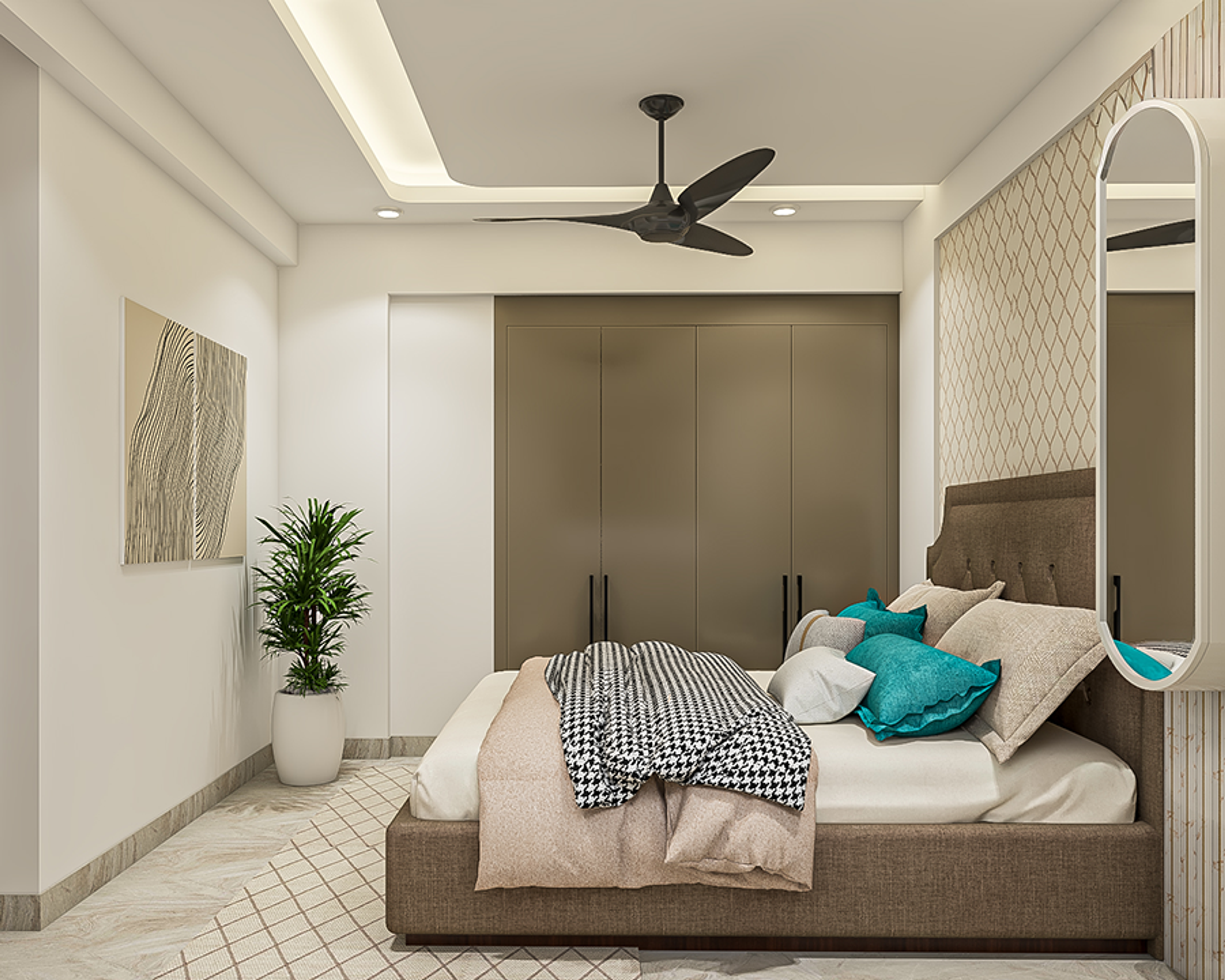Taupe Master Bedroom Design with Geometric Wallpaper and Arched Mirror