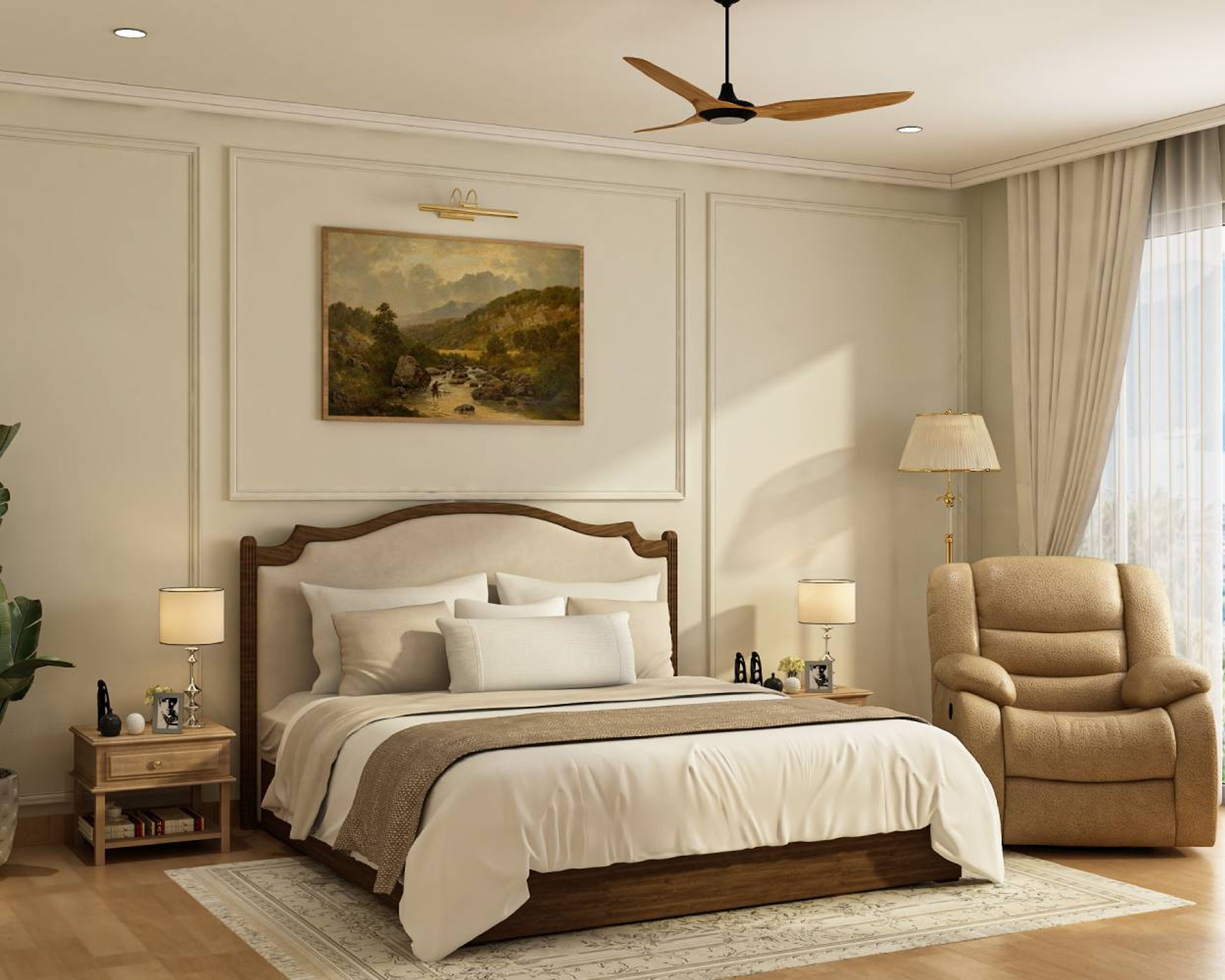 Contemporary Master Bedroom Design with Arched Bed and Leather Recliner