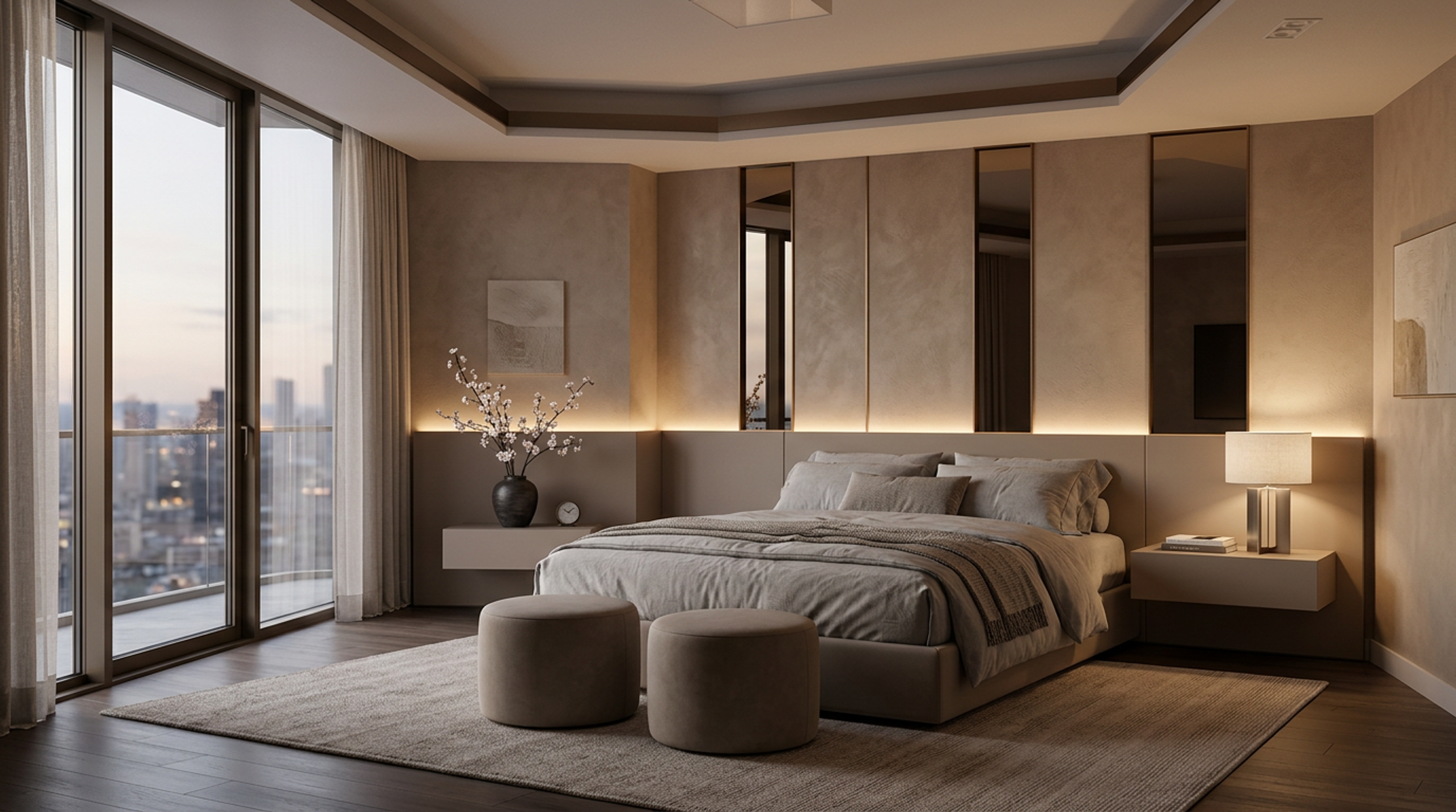 Modern Master Bedroom Design with Twin Ottomans and Backlit Wall Panels