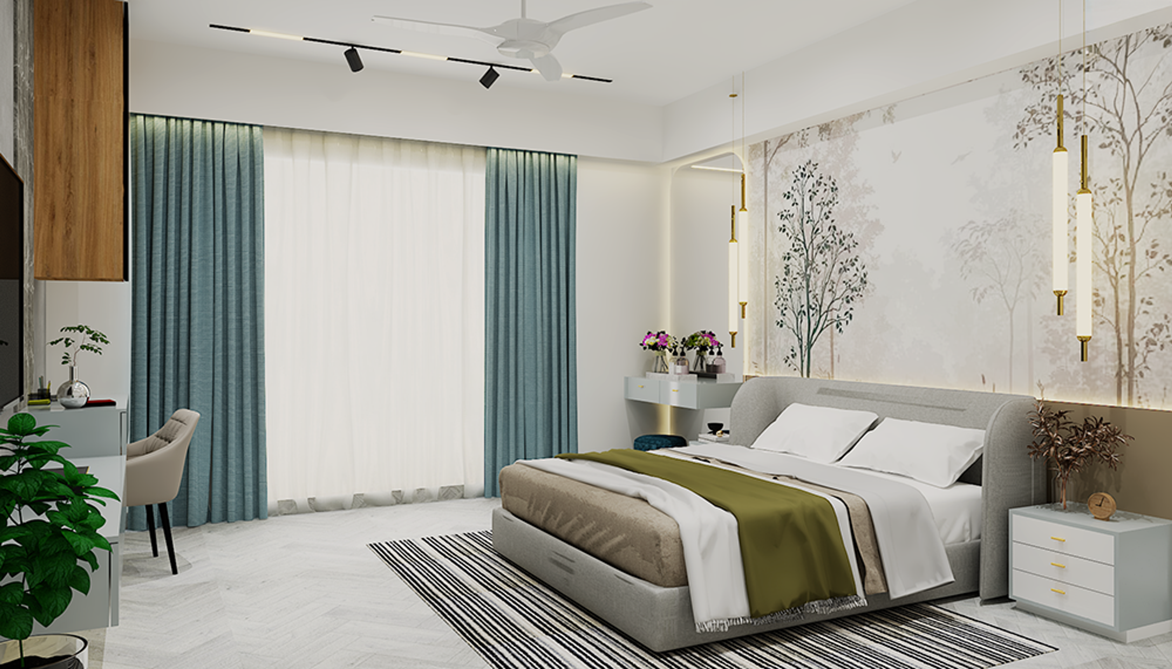 Contemporary Master Bedroom Design with Botanical Mural and Arched Wardrobe