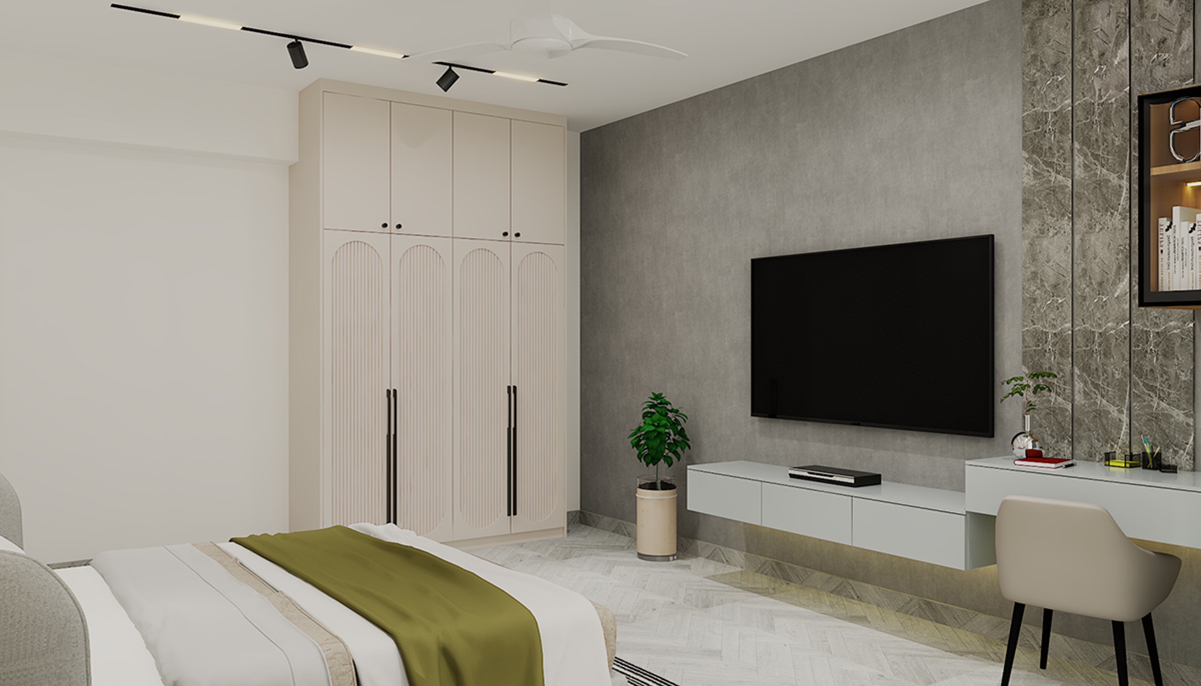 Botanical Master Bedroom Design with Curved Bed and Arched Fluted Wardrobe
