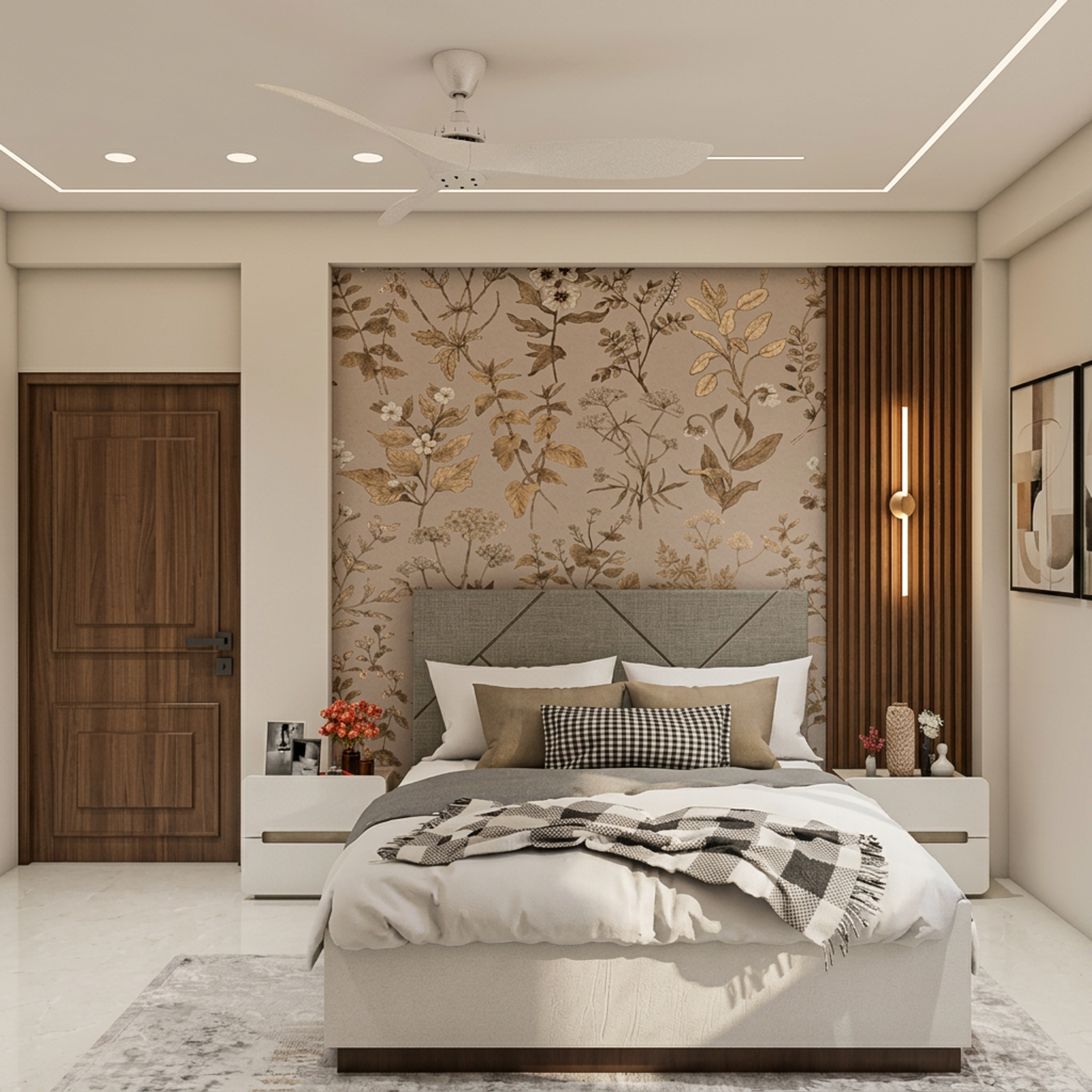 Contemporary Master Bedroom Design with Floral Wall Feature and Slat Panel