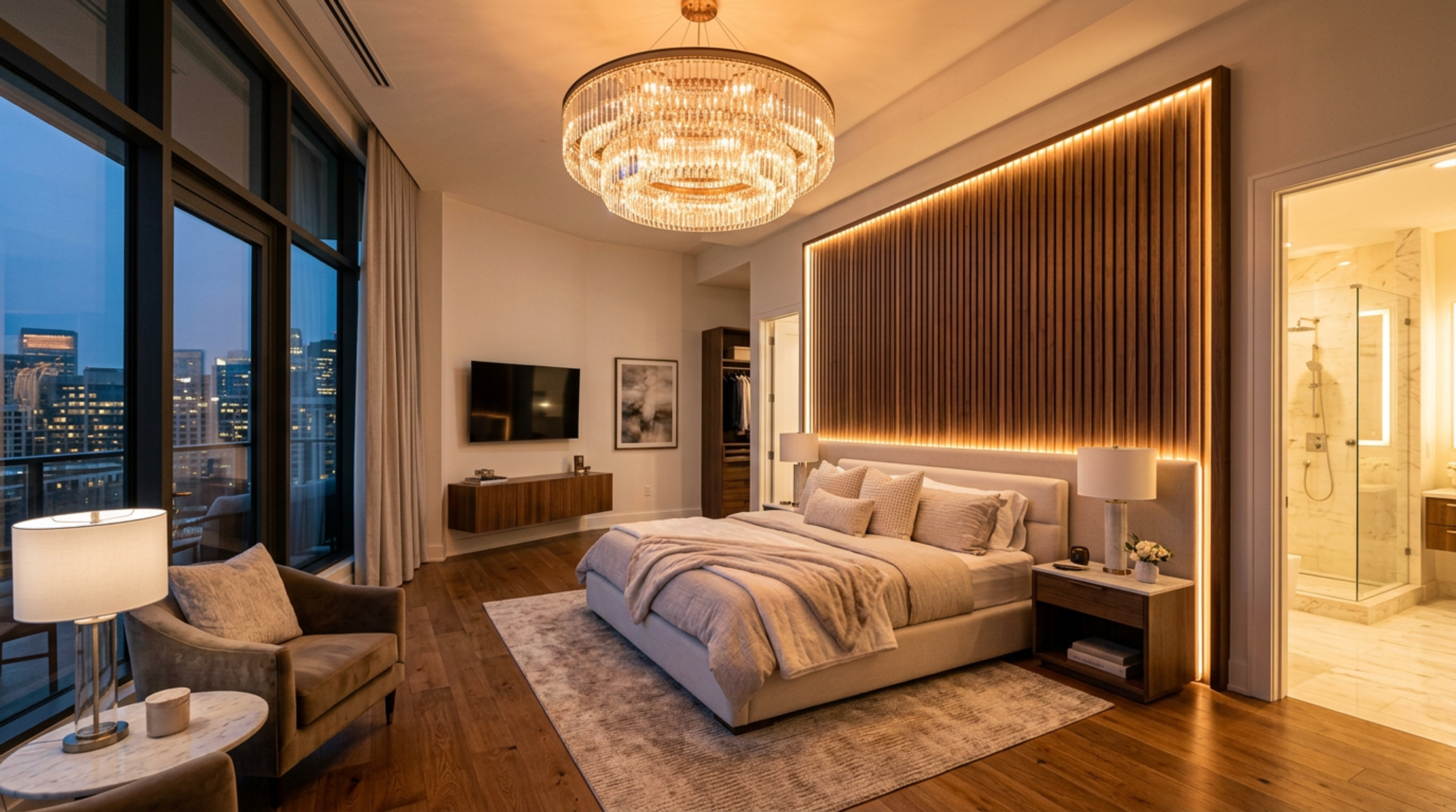 Contemporary Master Bedroom Design with Wood Feature Wall and Chandelier