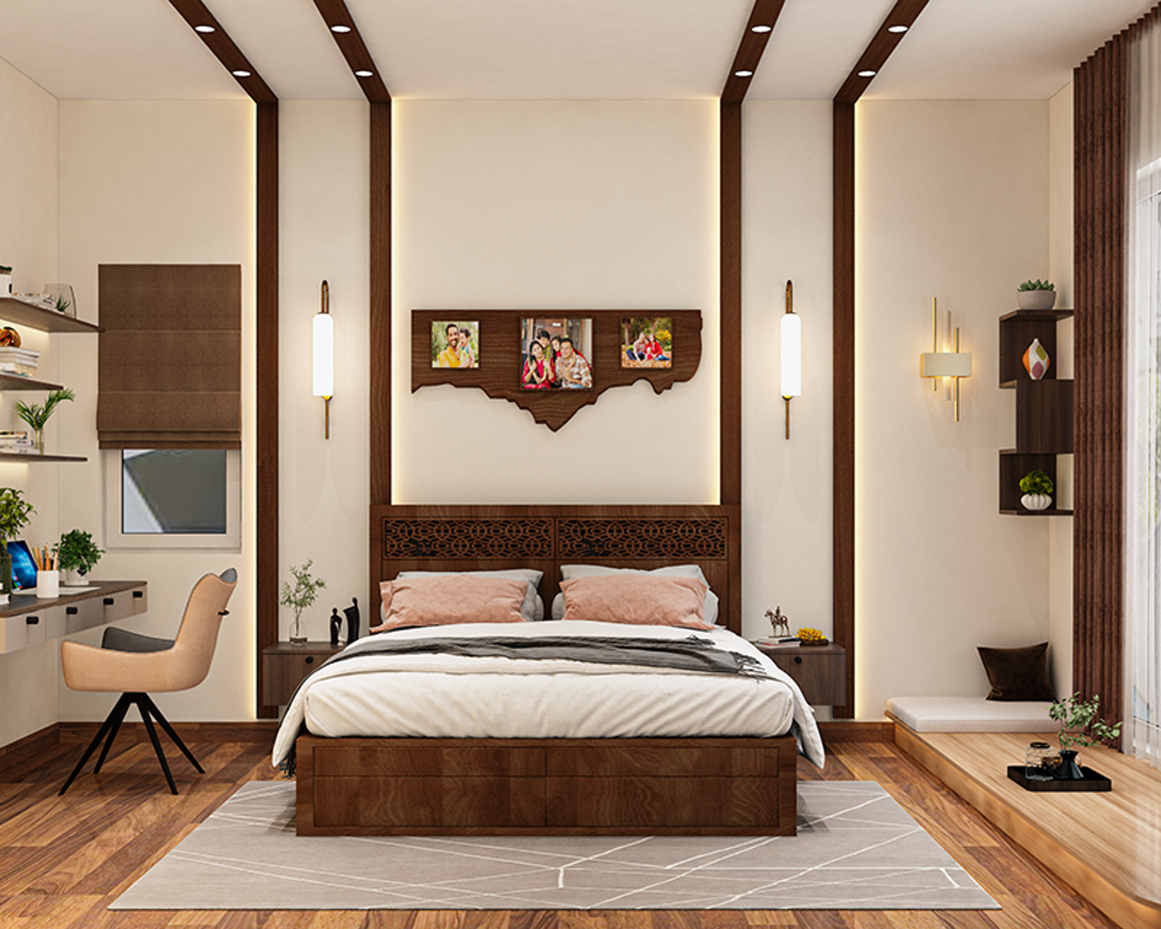 Indian Traditional Master Bedroom Design with Wooden Rafters and Jali Details