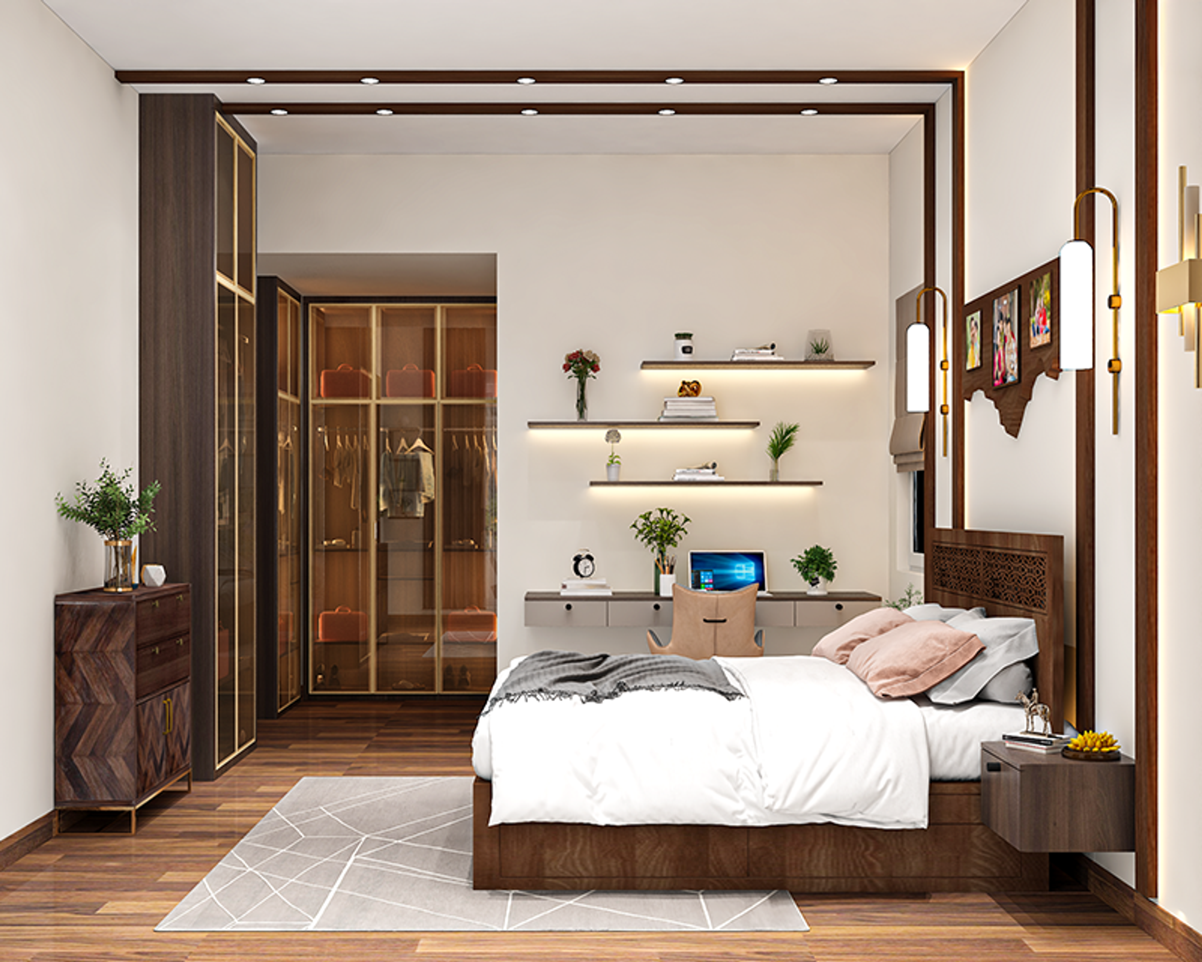 Master Bedroom Design with Carved Wooden Bed and Glass Wardrobe