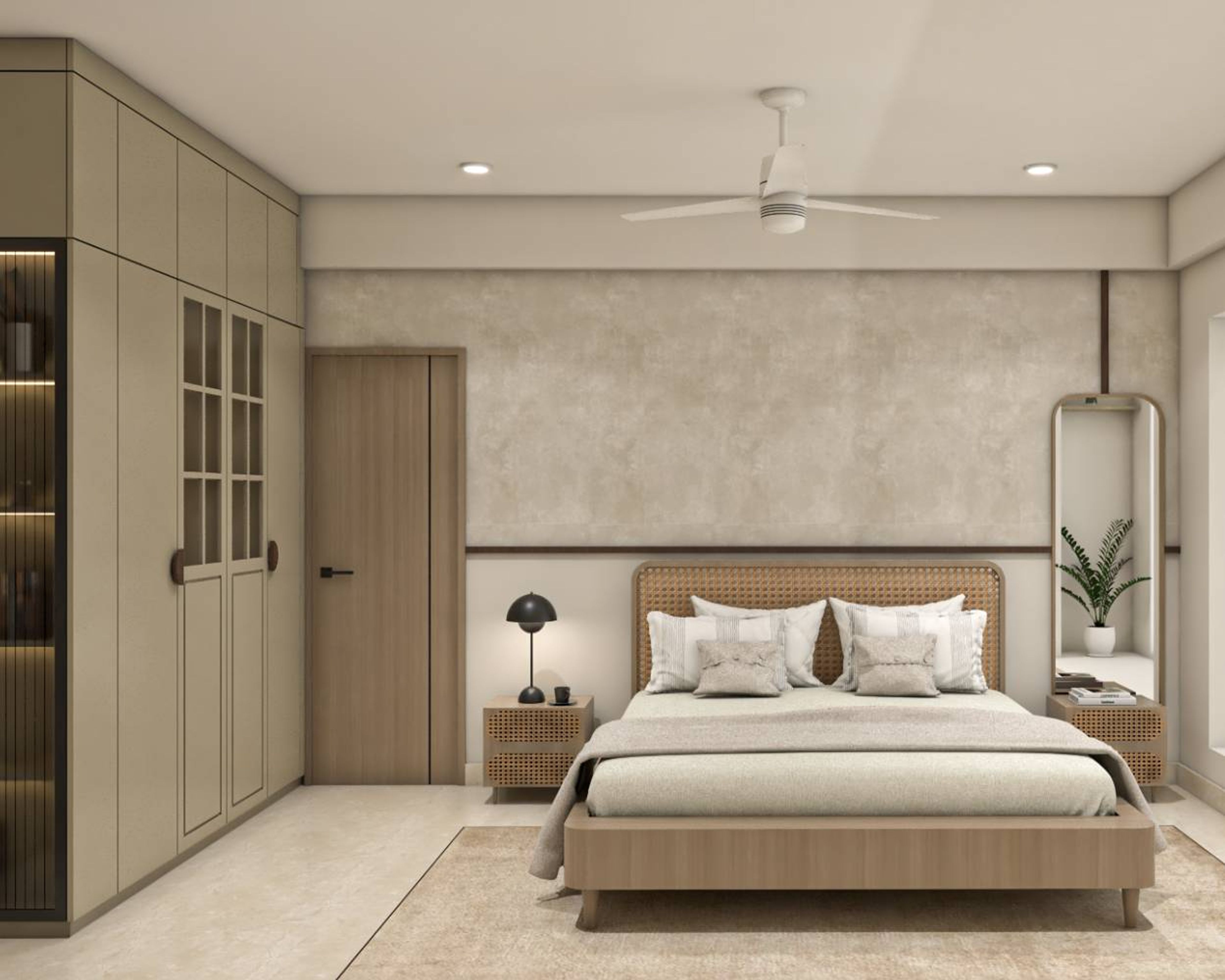 Contemporary Master Bedroom Design in Beige with Cane Headboard