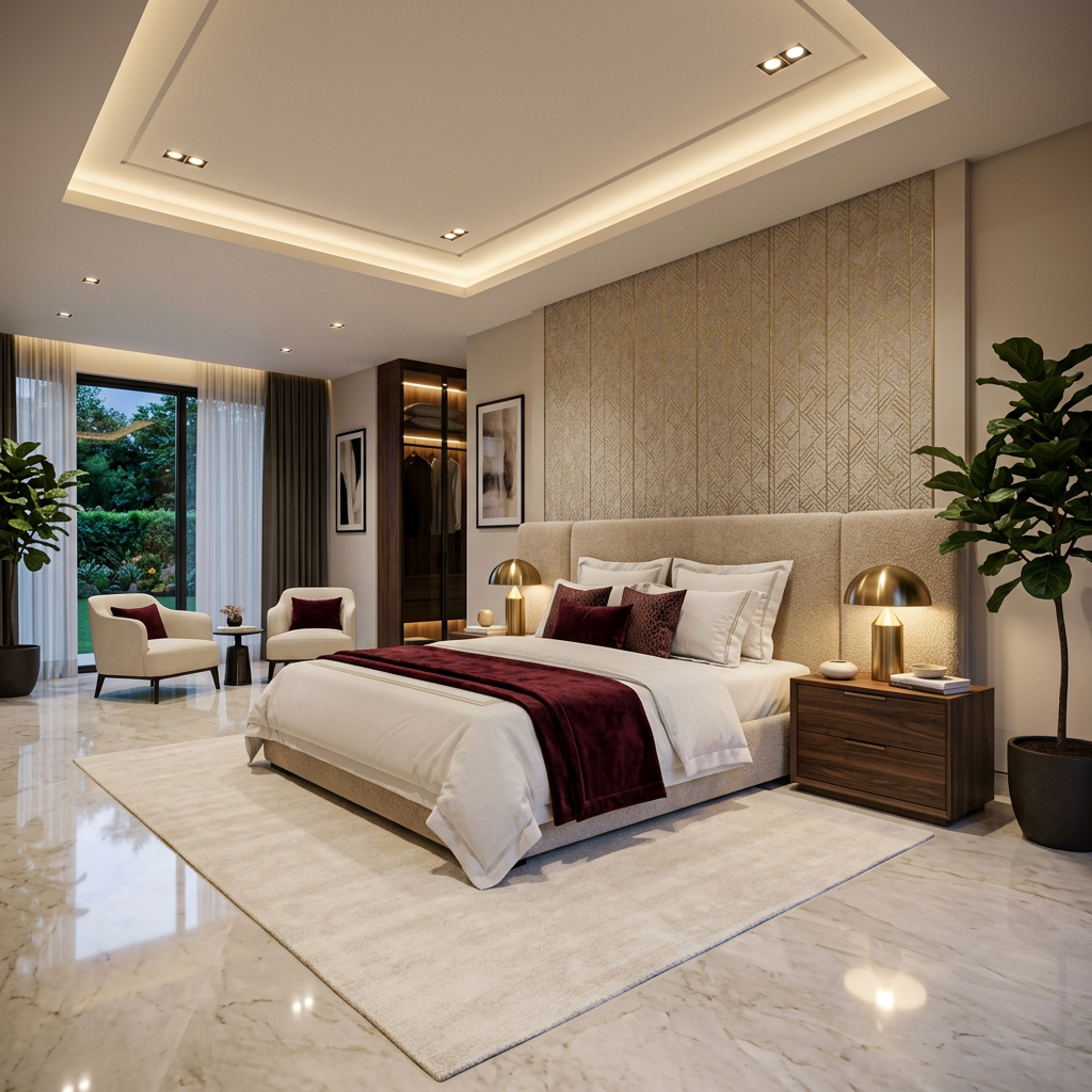 Modern Master Bedroom Design with Upholstered King Bed and Window Lounge Seating