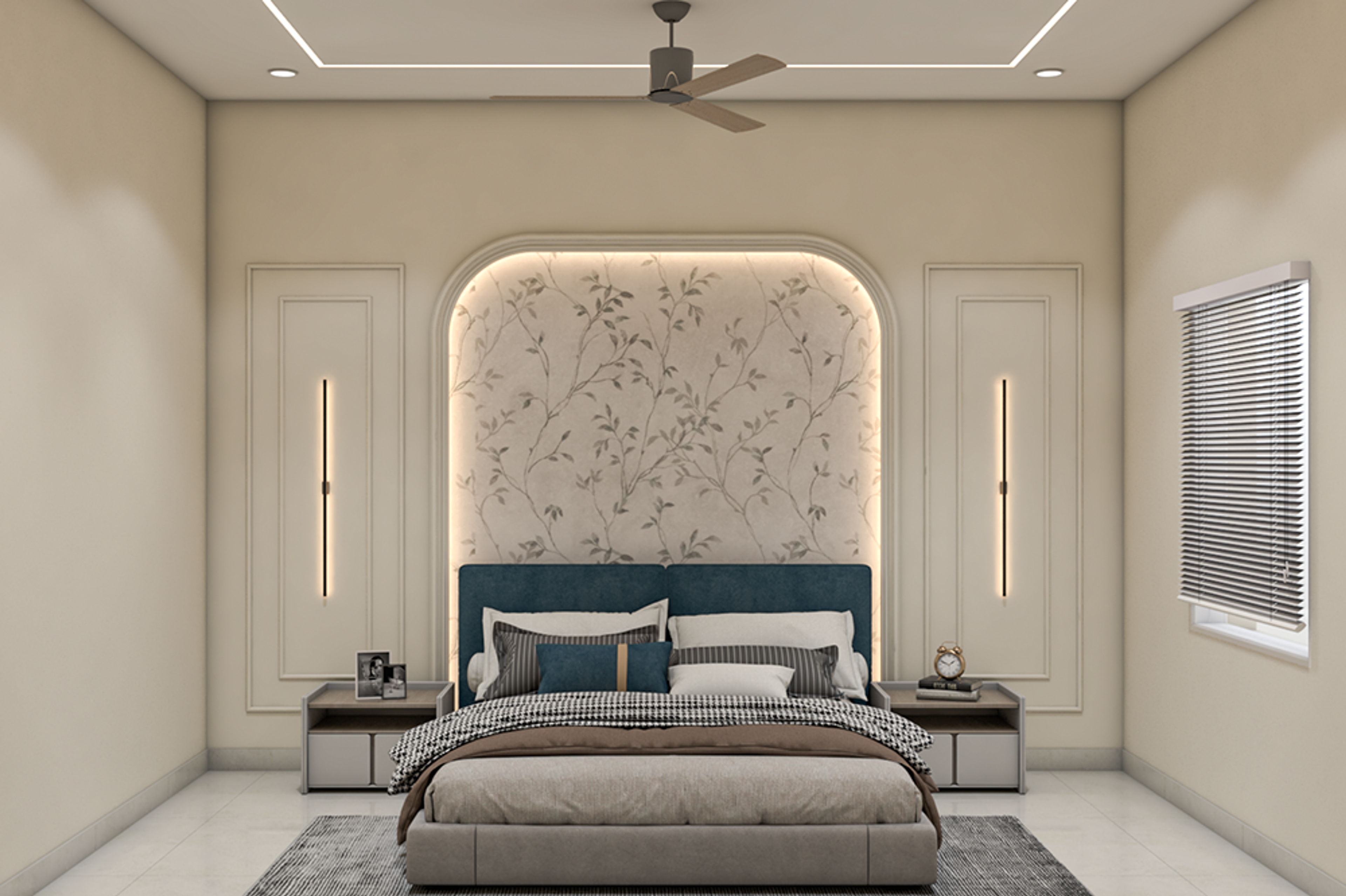 Minimal Master Bedroom Design with Teal Bed and Arched Wallpaper Alcove
