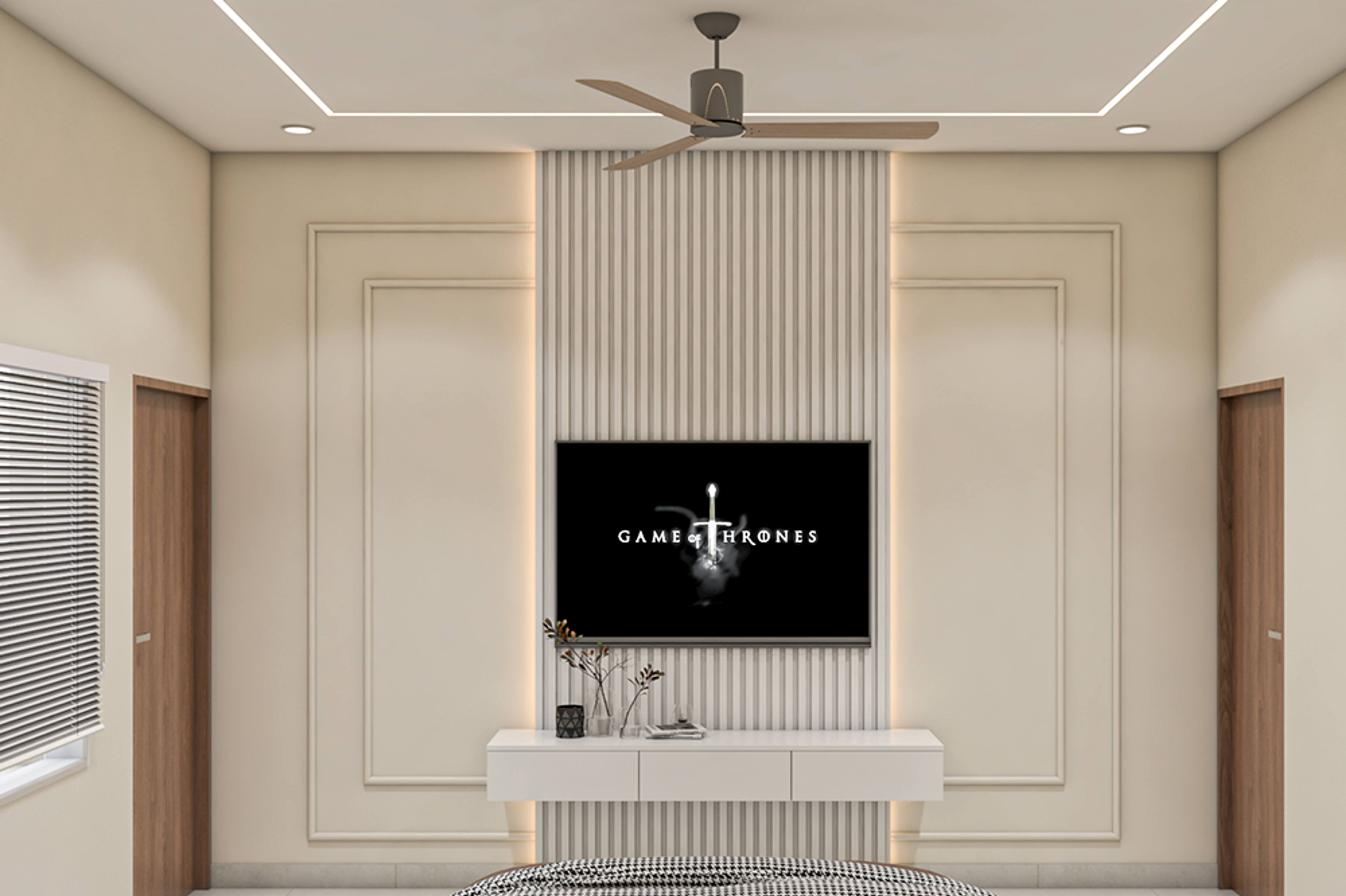 Teal Master Bedroom Design with Arched Wallpaper and White Fluted TV Wall