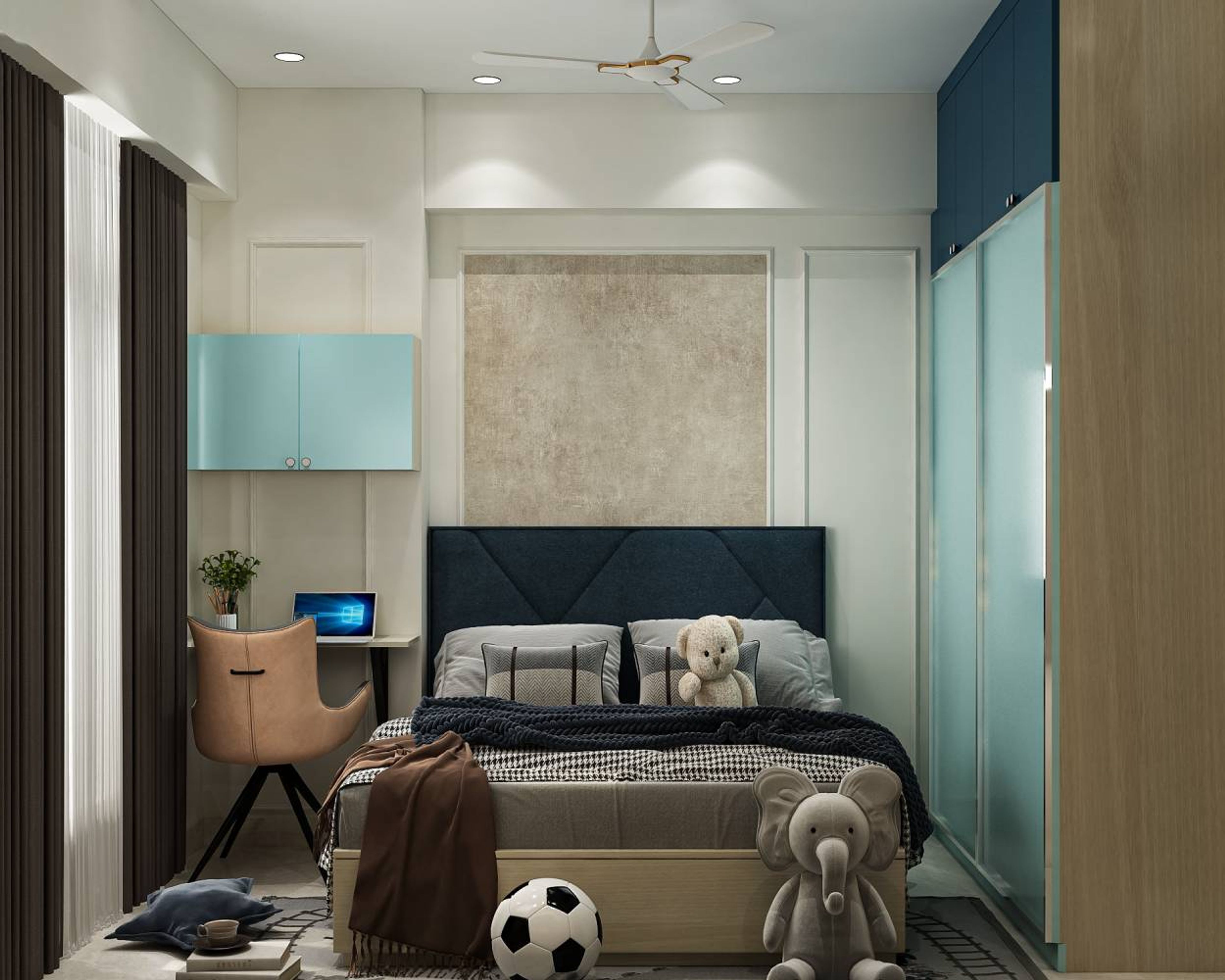 Contemporary Master Bedroom Design with Navy Bed and Frosted Glass Wardrobe