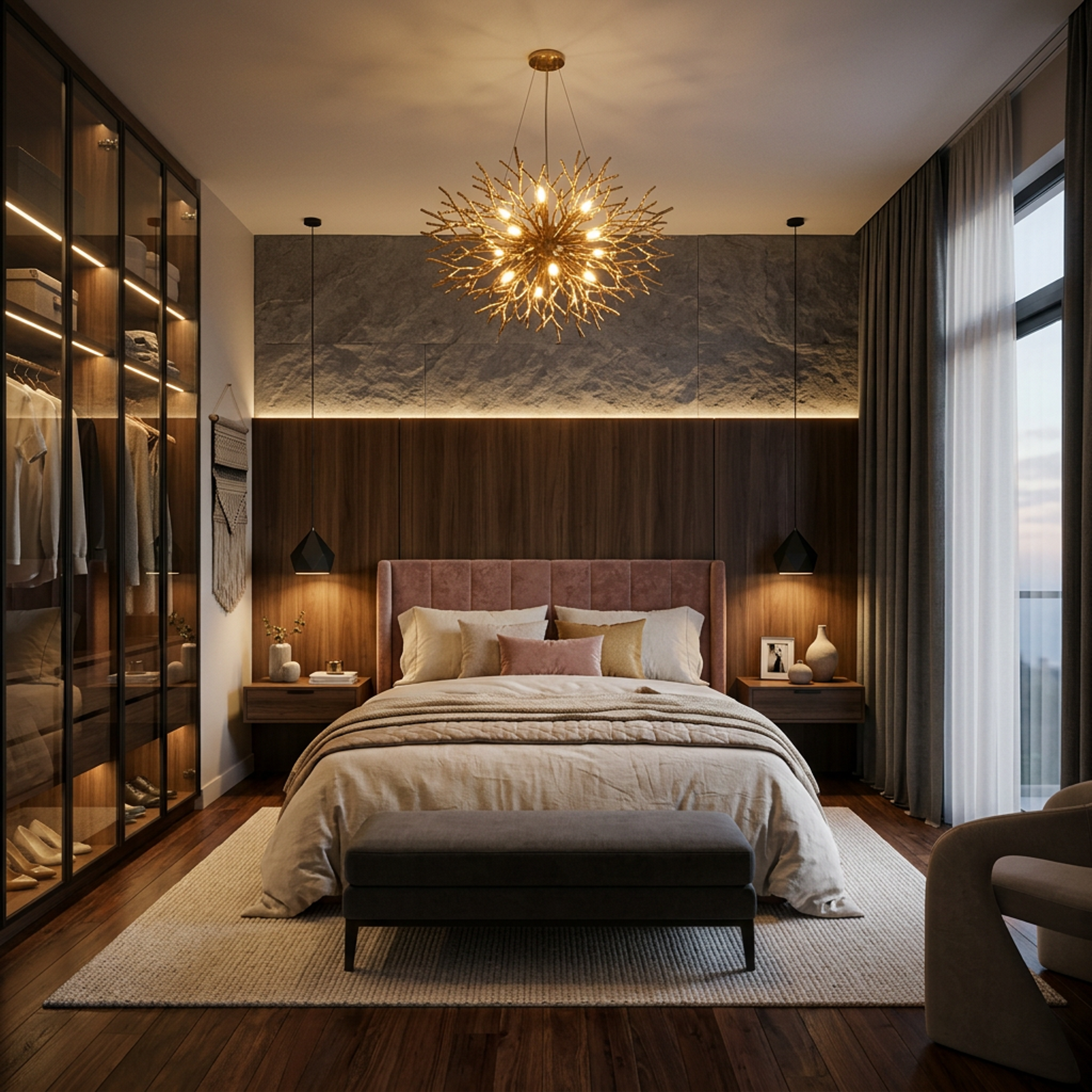 Industrial Master Bedroom Design with Tufted Headboard and Stone Accent Wall