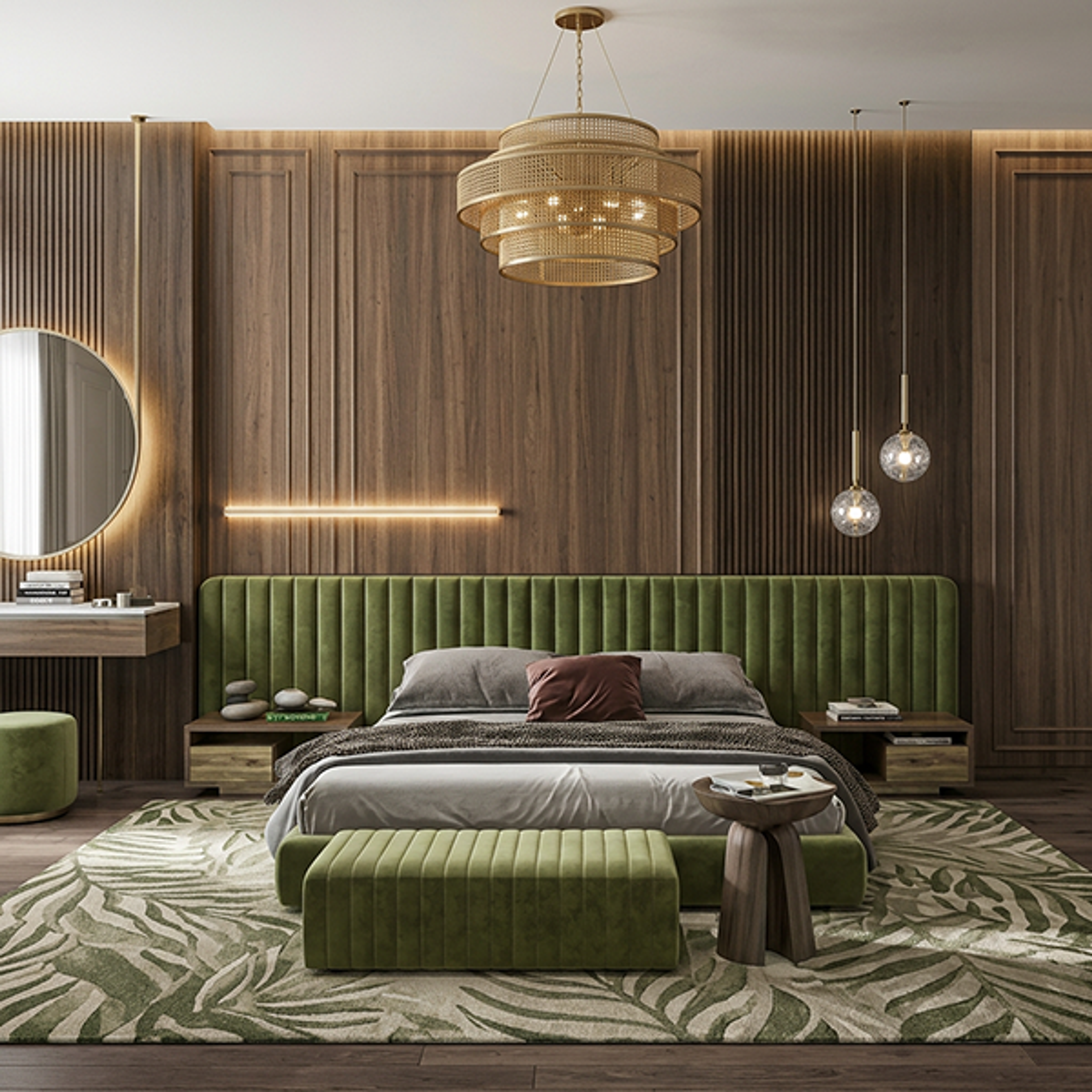 Modern Master Bedroom Design with Walnut Paneling and Green Velvet Bed