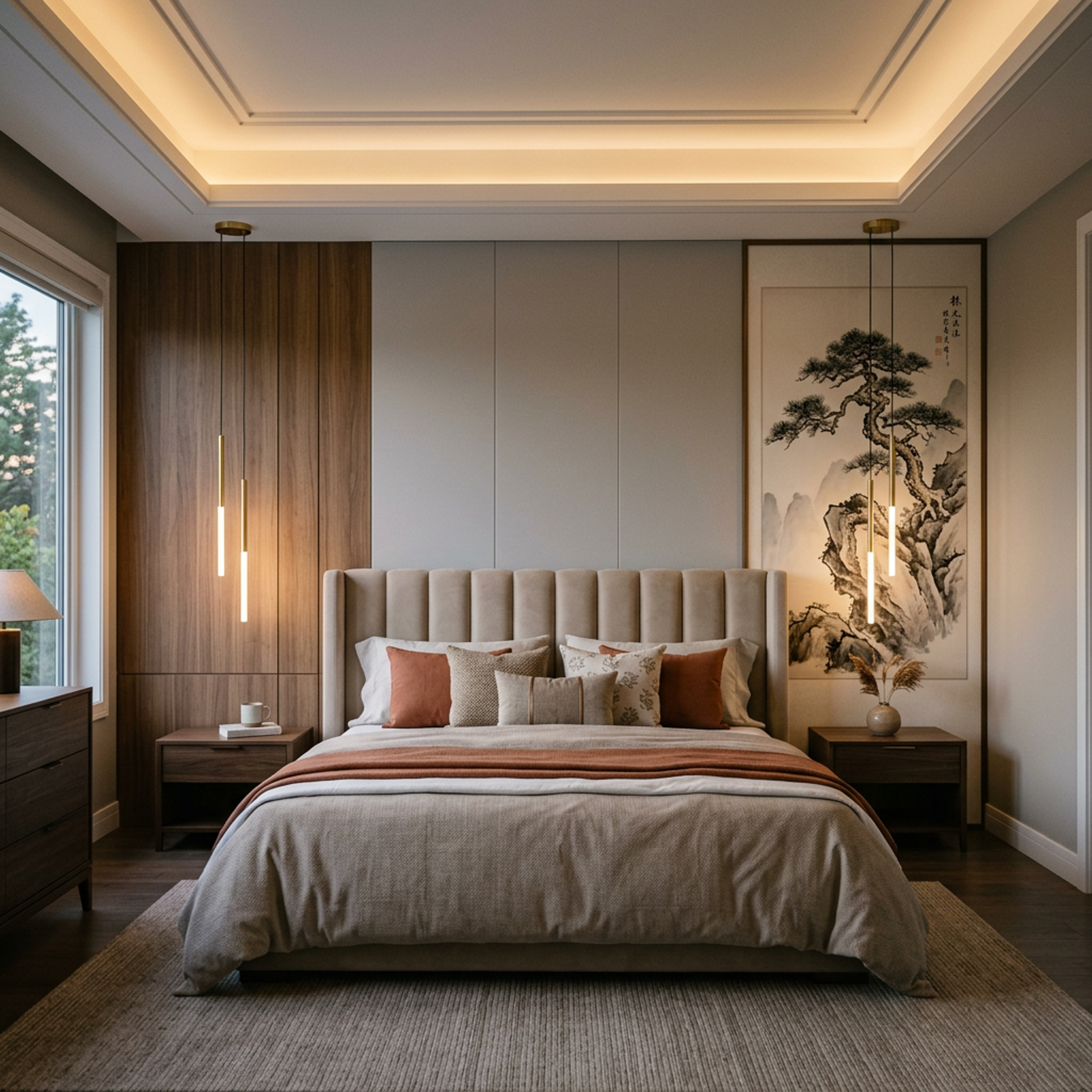 Modern Master Bedroom Design with Channel-Tufted Bed and Oriental Art Wall