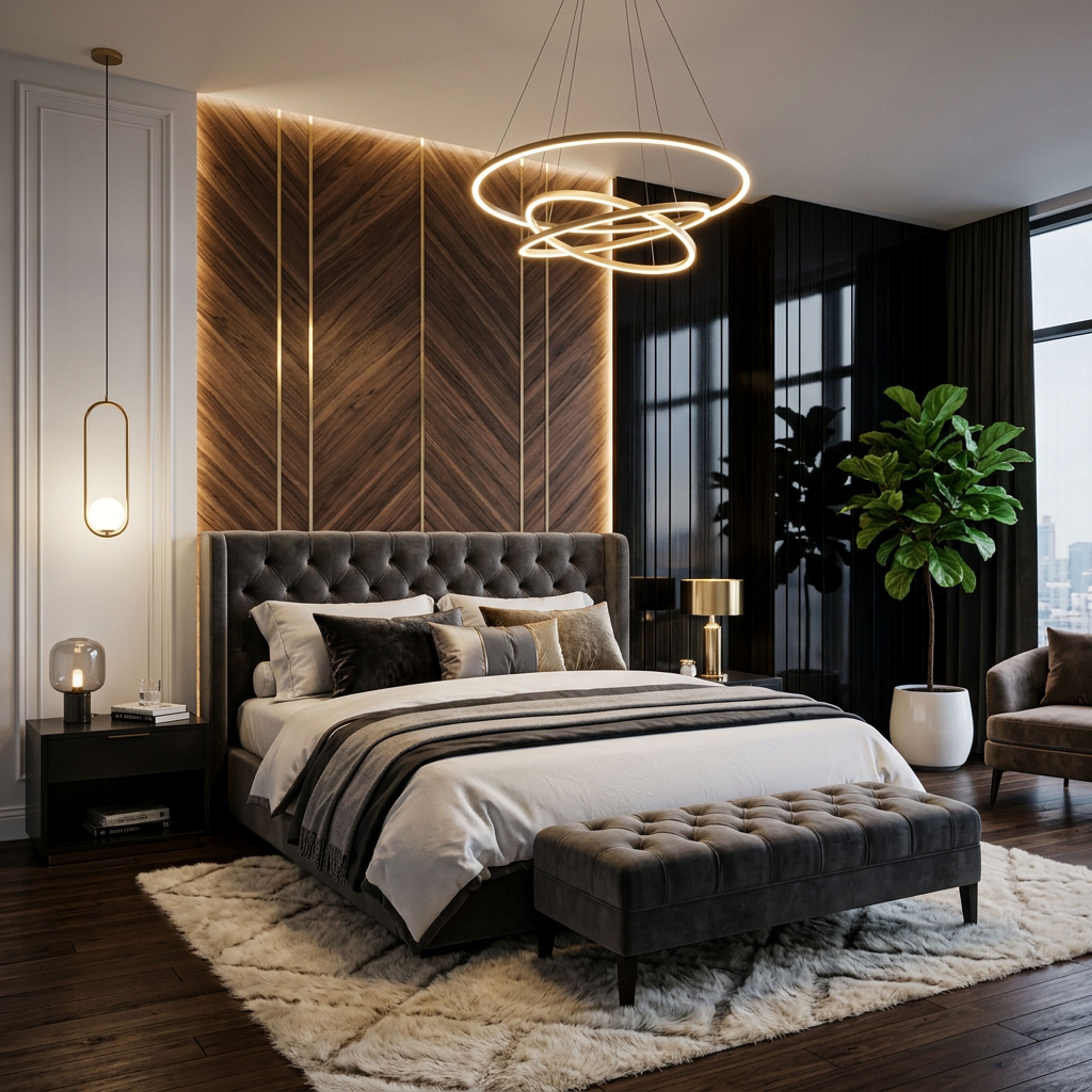 Contemporary Master Bedroom Design with Grey Wingback Bed and Chevron Wall