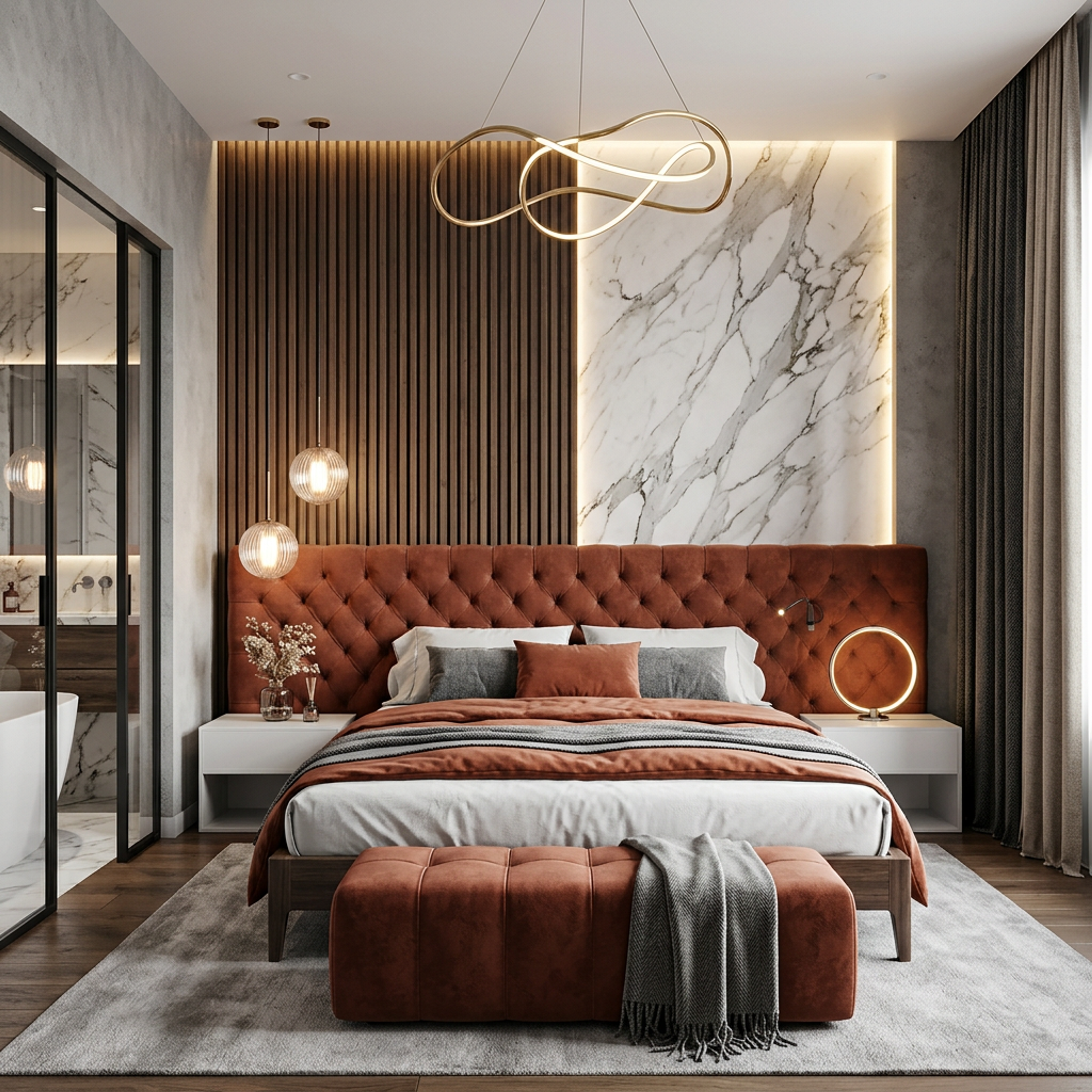 Modern Master Bedroom Design with Terracotta Velvet Bed and Marble Wall Accent