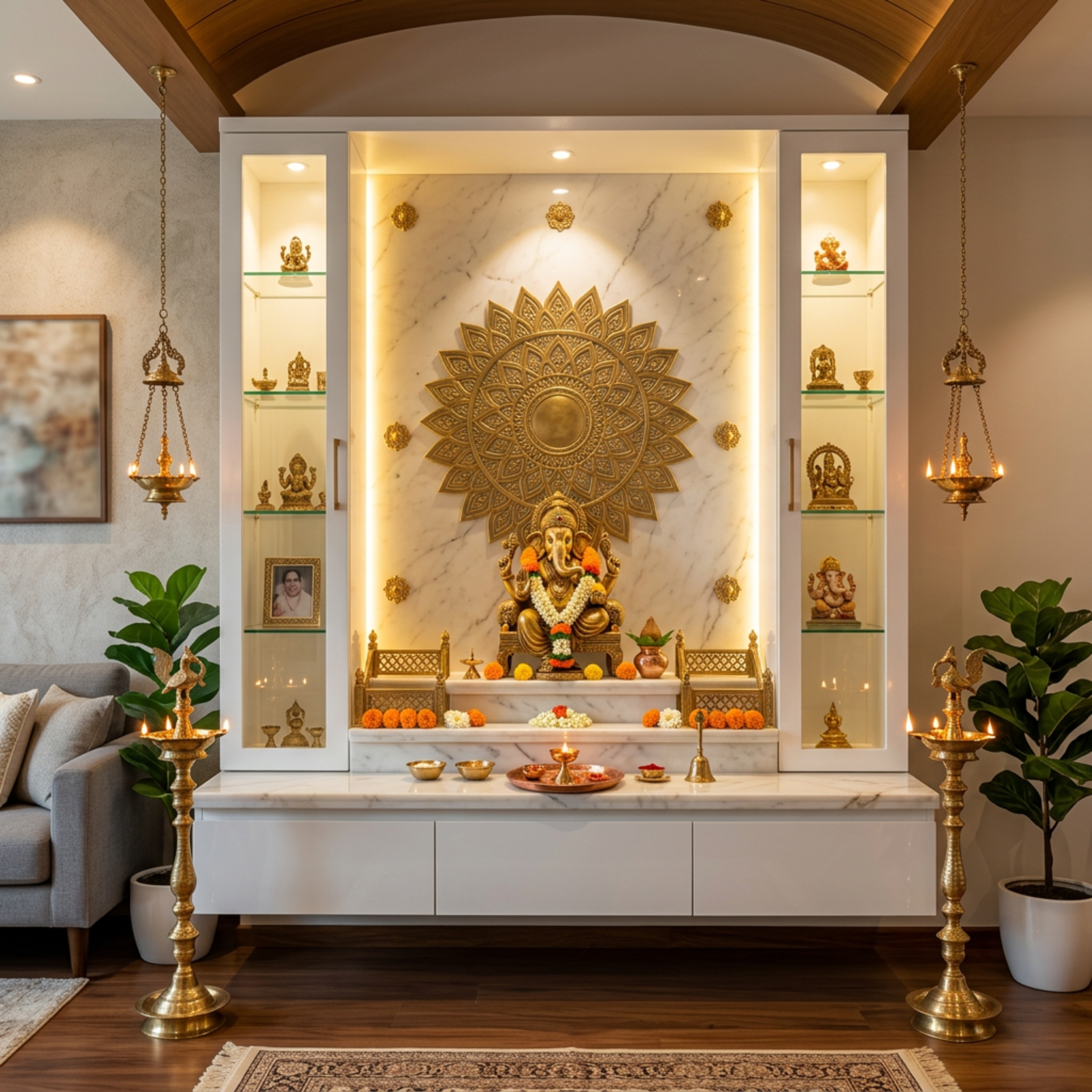 Contemporary Pooja Room Design with Marble-Finish Backdrop and 3D Brass Sunburst