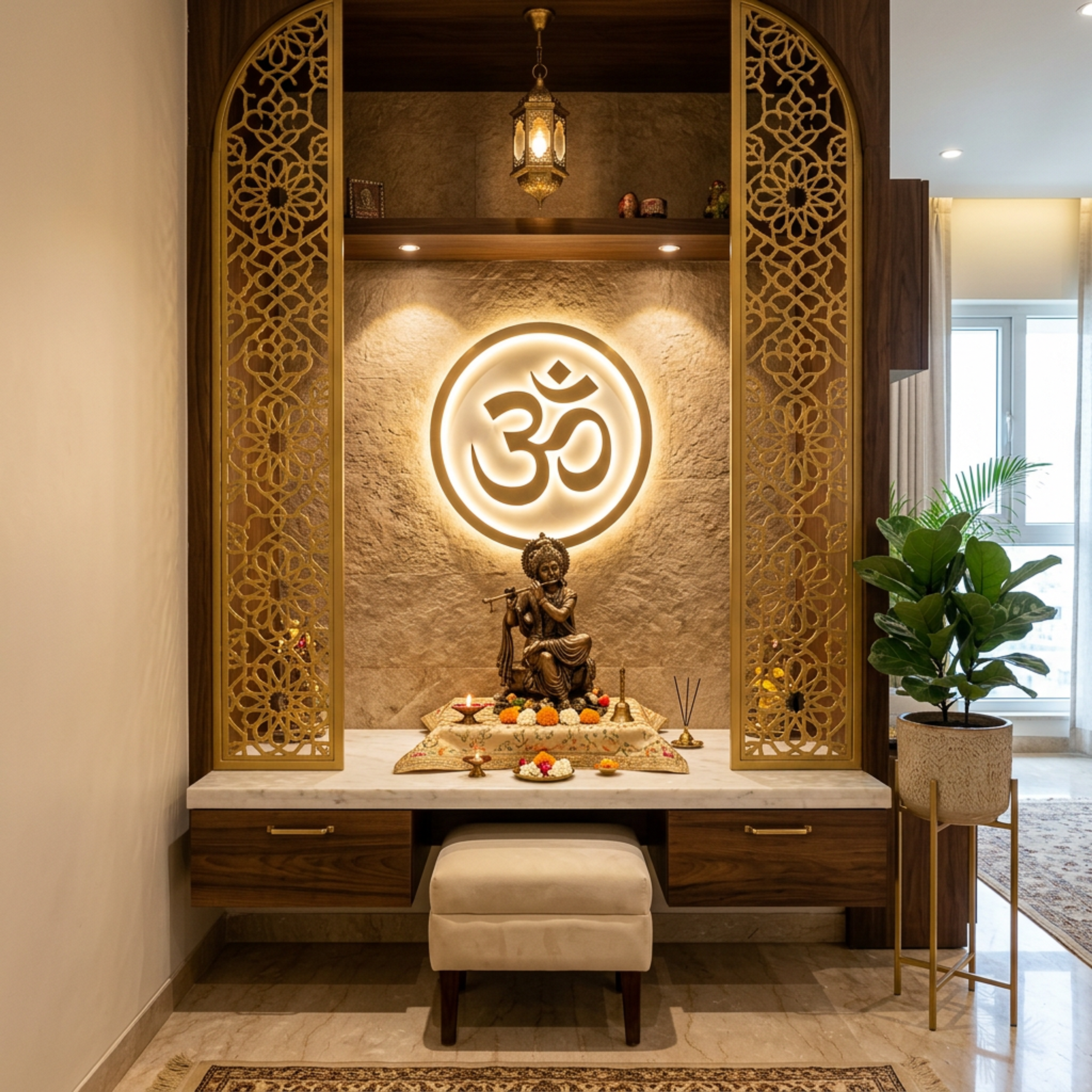 Modern Pooja Room Design with Backlit Om Emblem and Walnut Finish