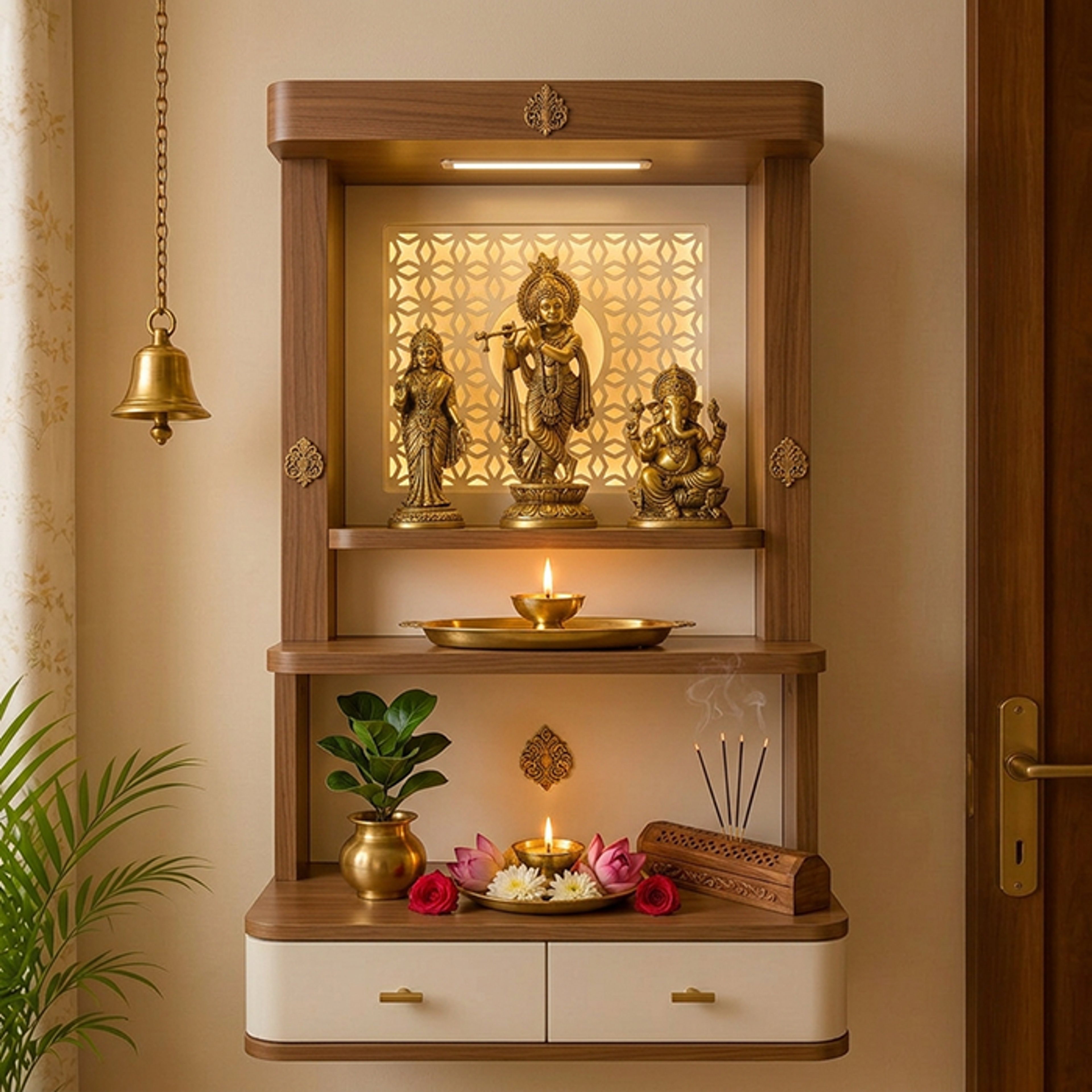 Wooden Wall Mounted Pooja Design with Arch Layout and Brass Accents