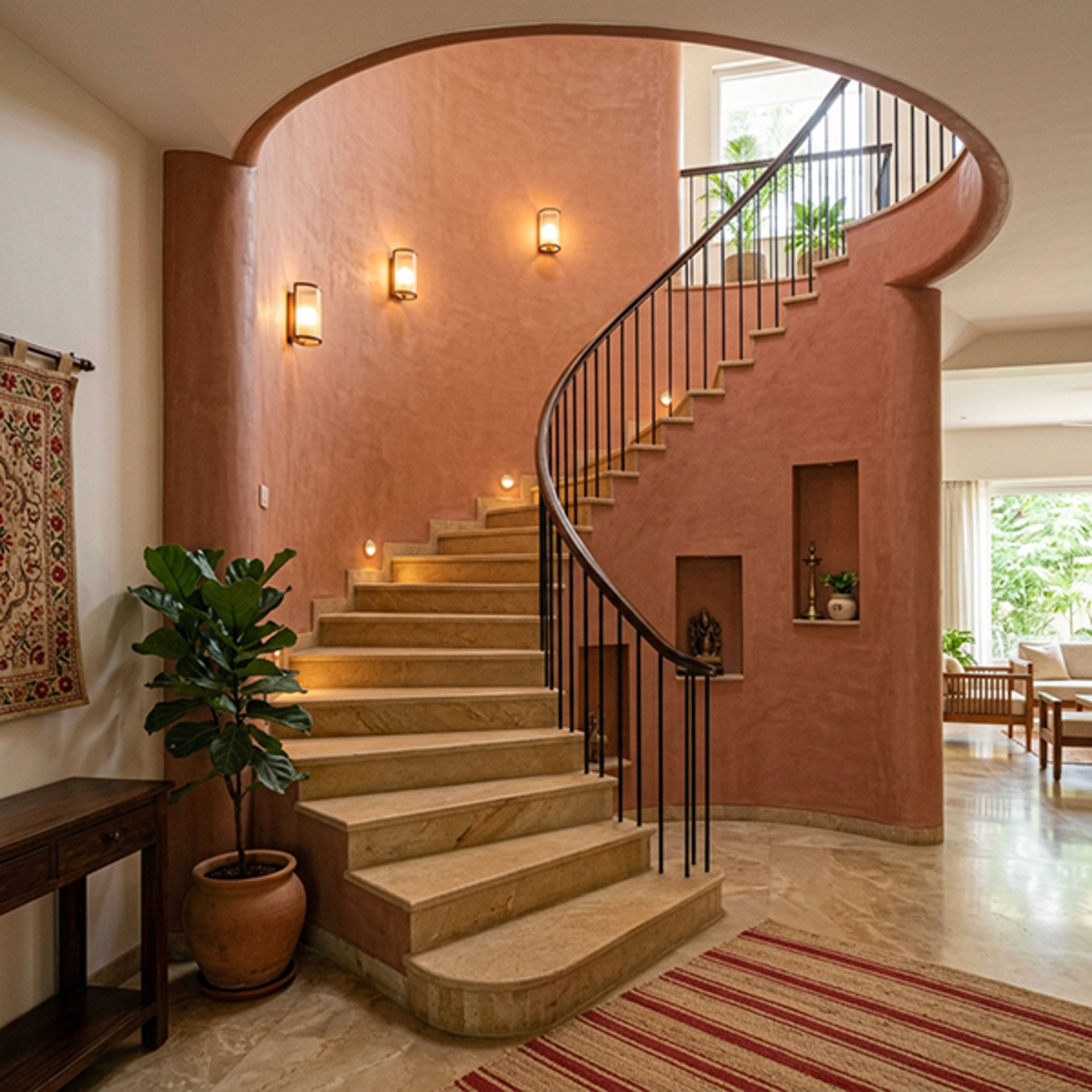 Curved Spiral Staircase Design with Marble Treads and Terracotta Finish