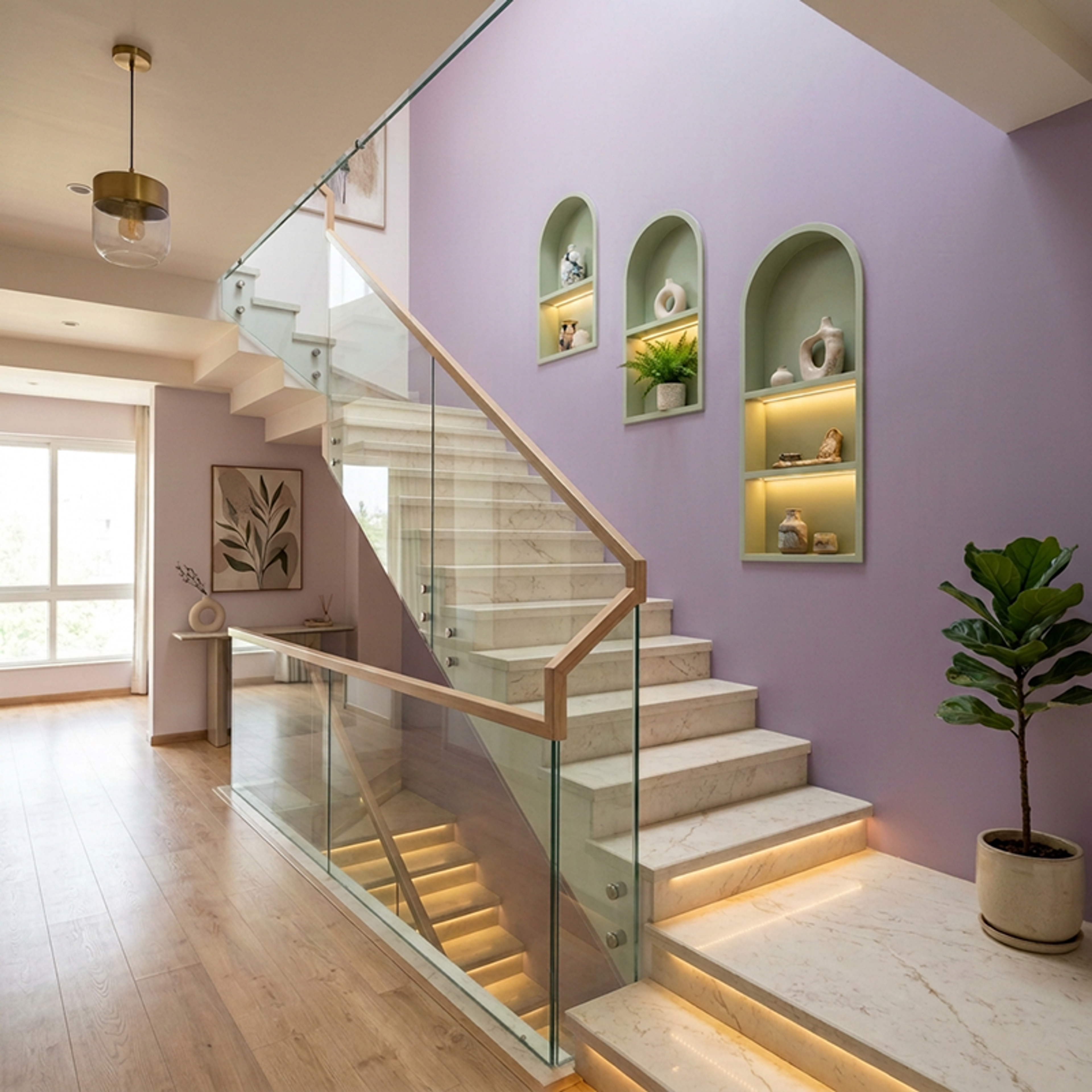 U-Shaped Marble Staircase Design with Glass Railing and Wooden Handrail