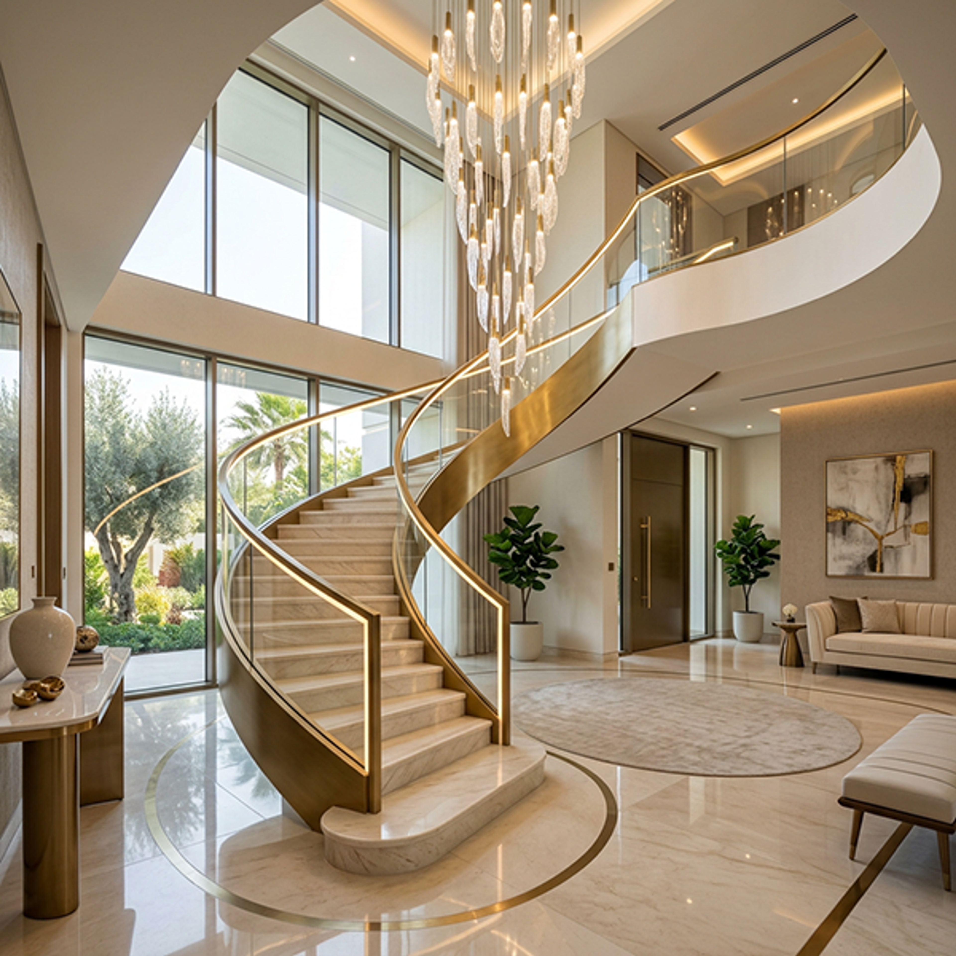 Contemporary Spiral Staircase Design with Opulent Marble Metal and Glass