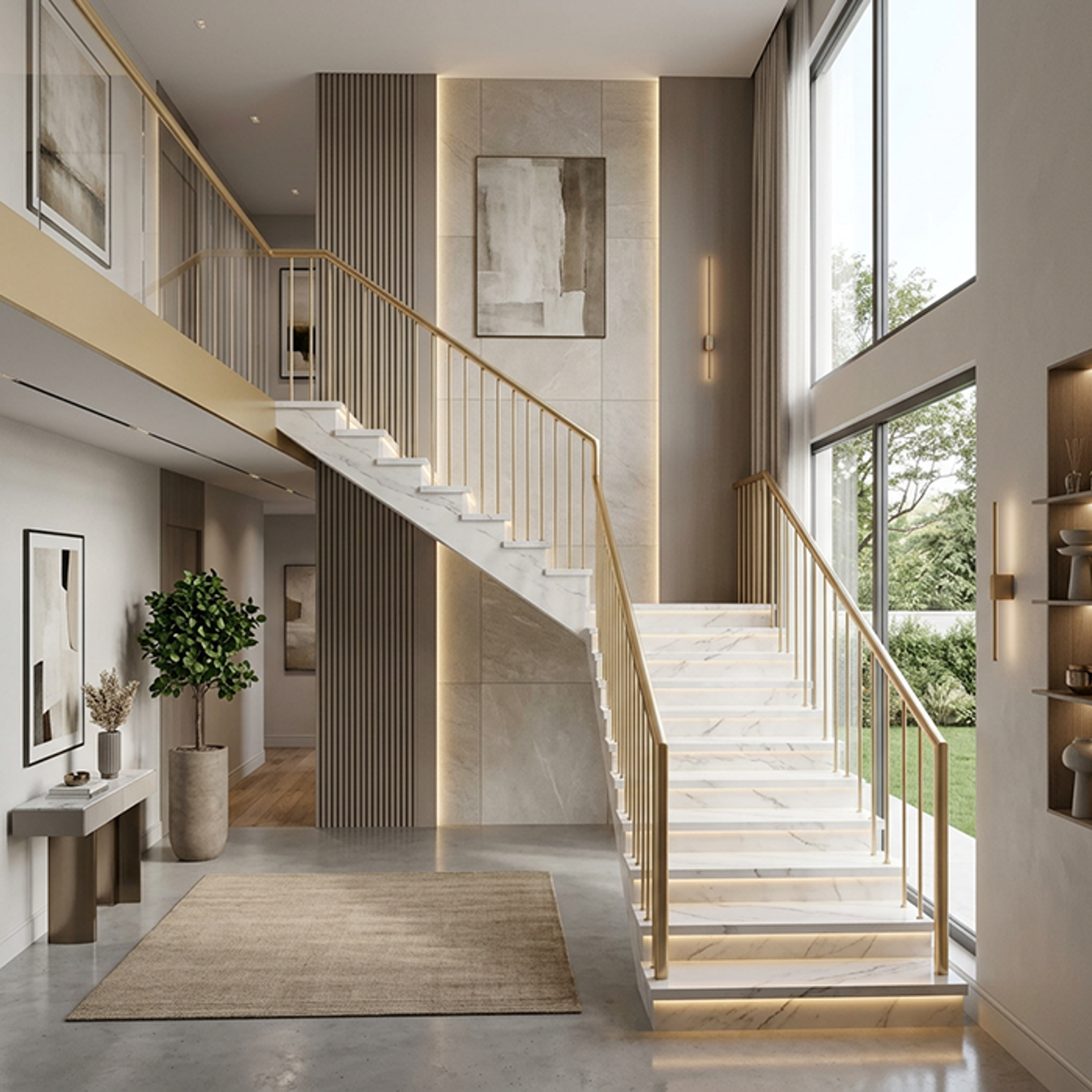 Contemporary L-Shaped Staircase Design with Italian Marble and Metal
