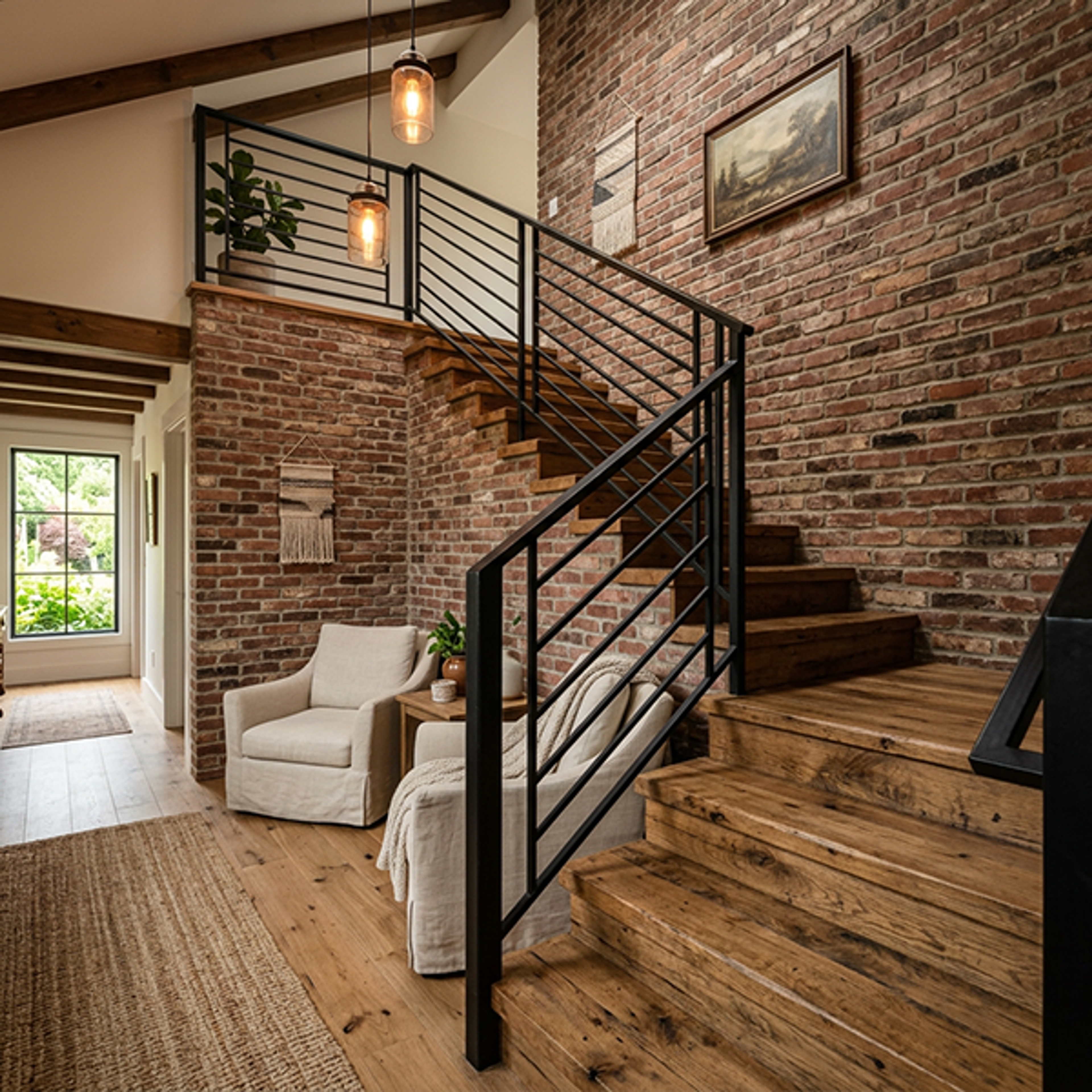 Rustic L-Shaped Staircase Design with Wood and Metal Accents