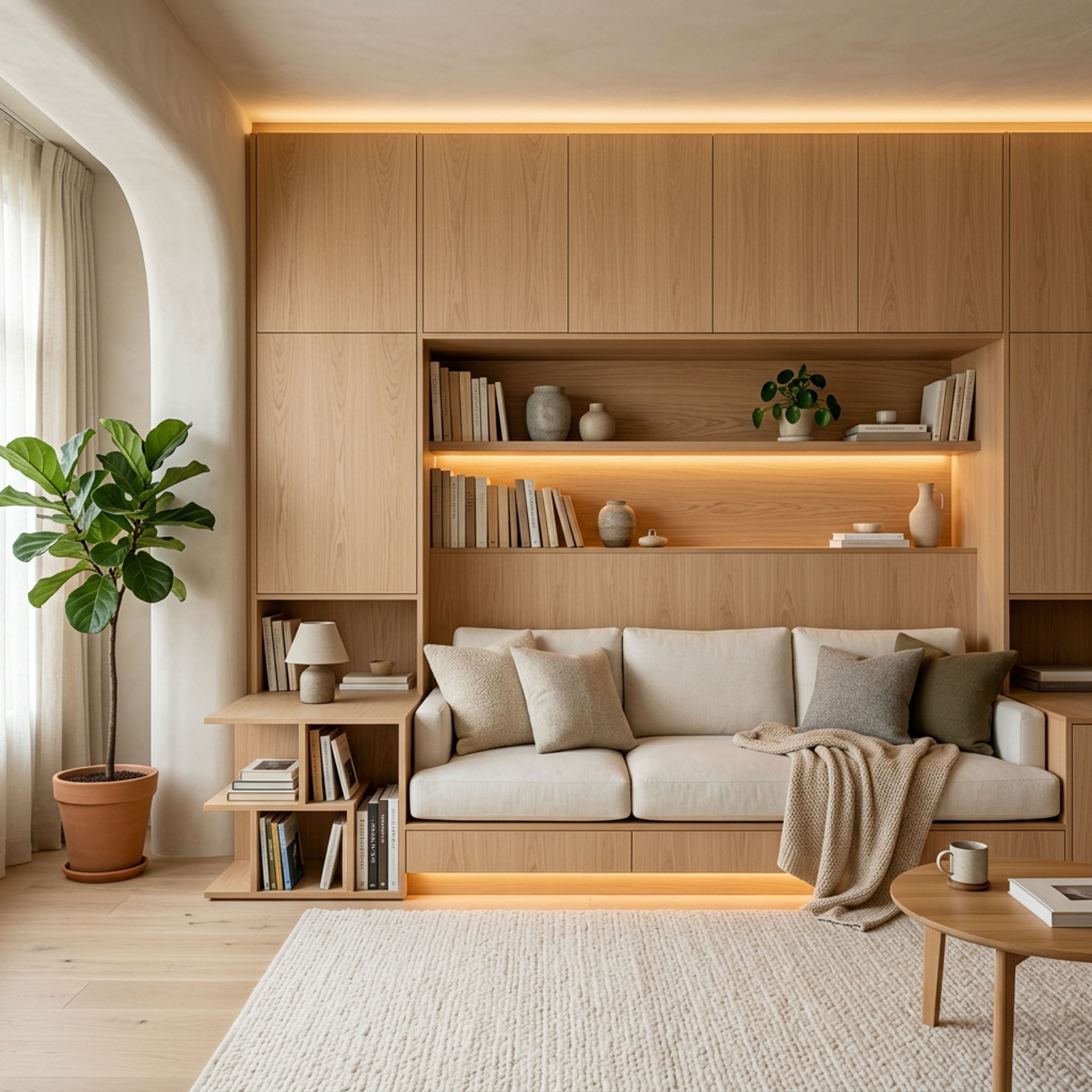 Scandinavian Recessed Sofa Space Saving Design With Wall Millwork