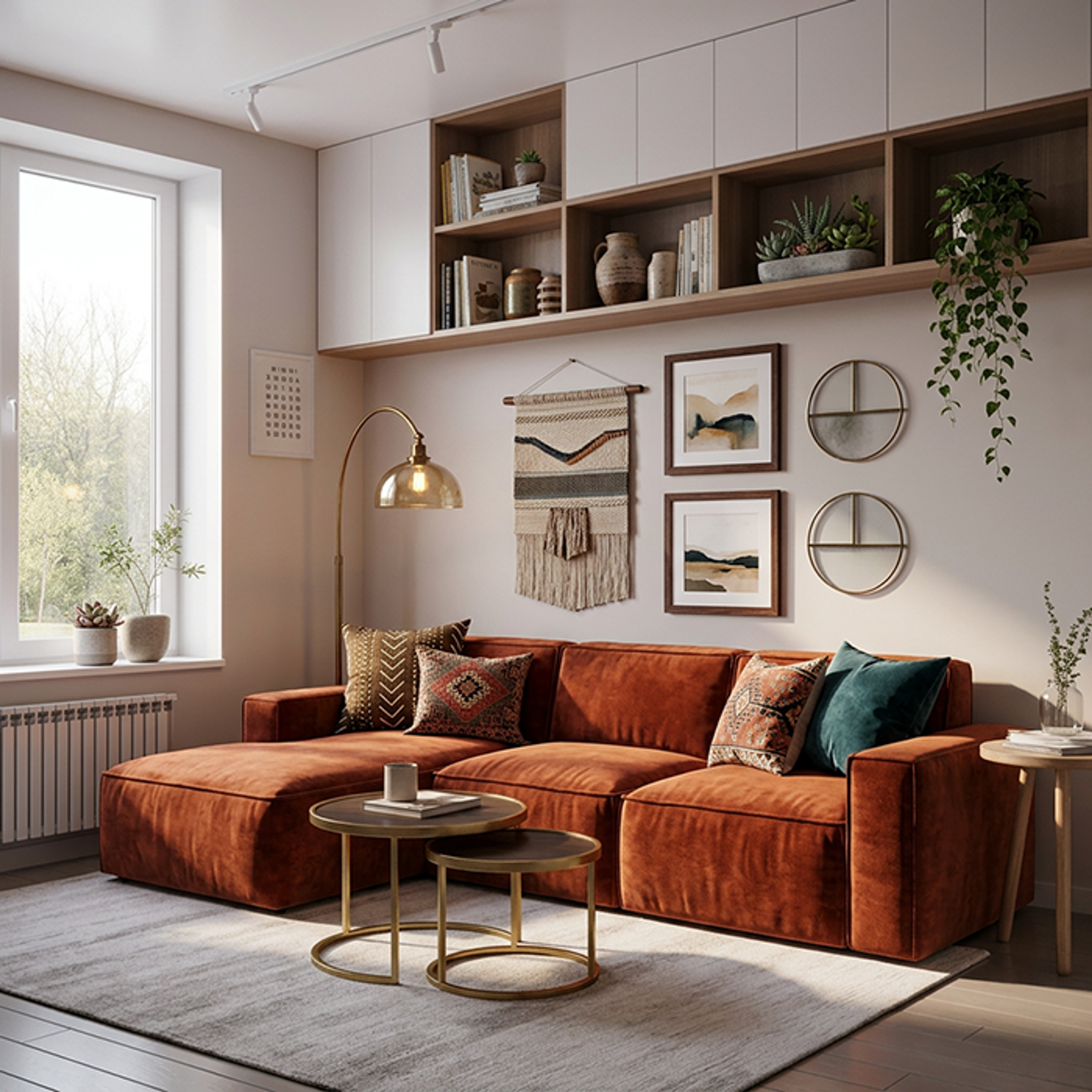 Contemporary Space Saving Living Room Design with Overhead Storage