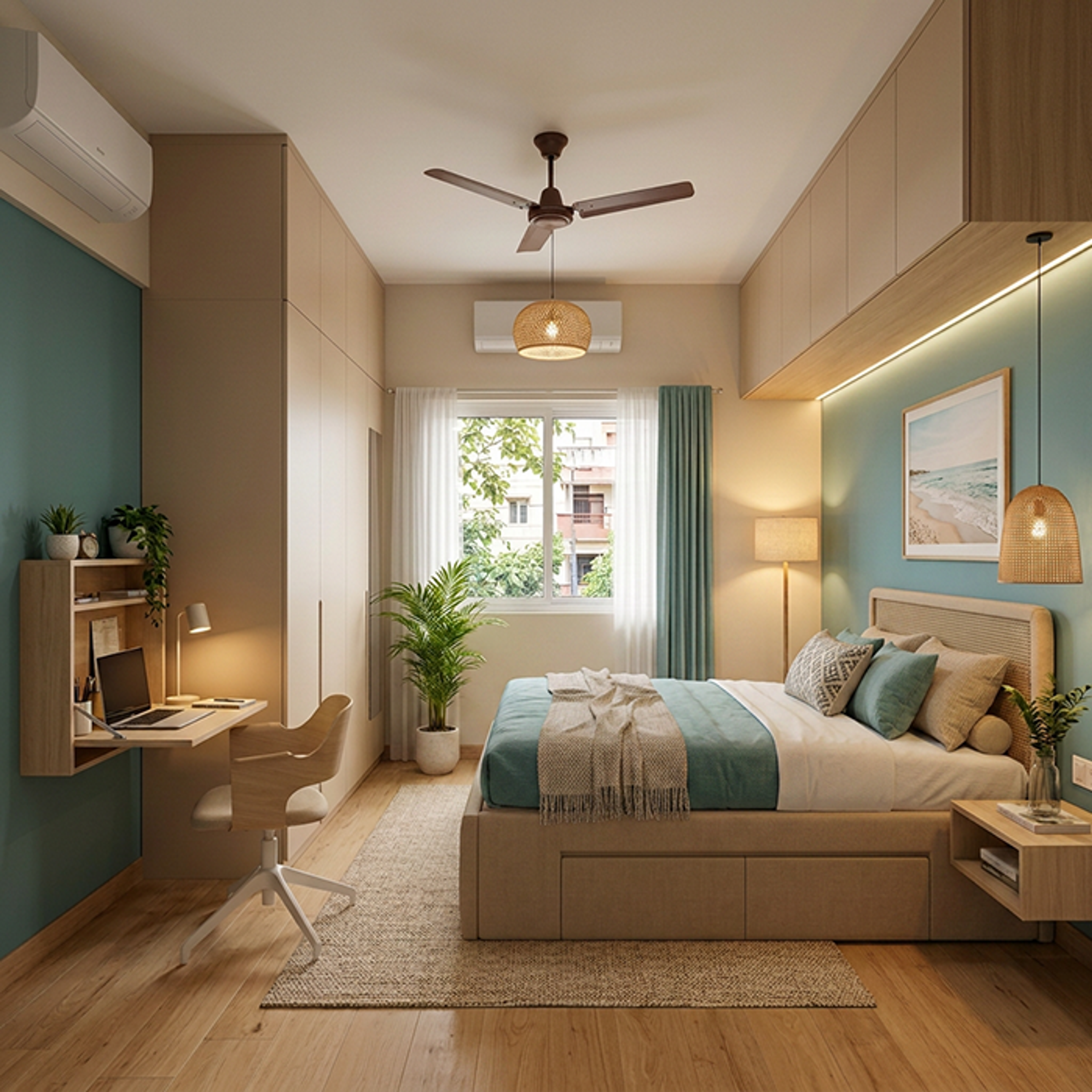 Space Saving Design with Platform Storage Bed and Floating Work Desk