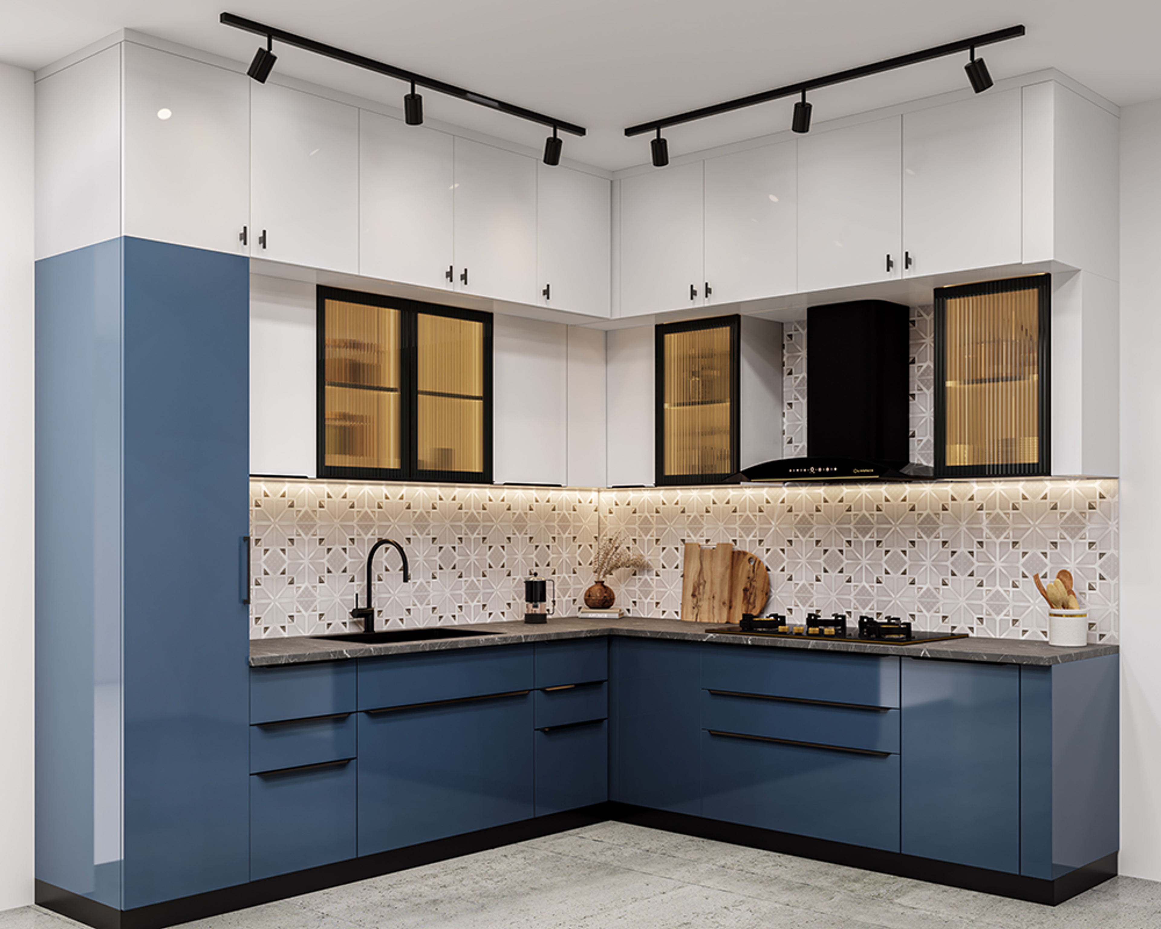 Kitchen Tile Design with Glossy Geometric Wall Pattern
