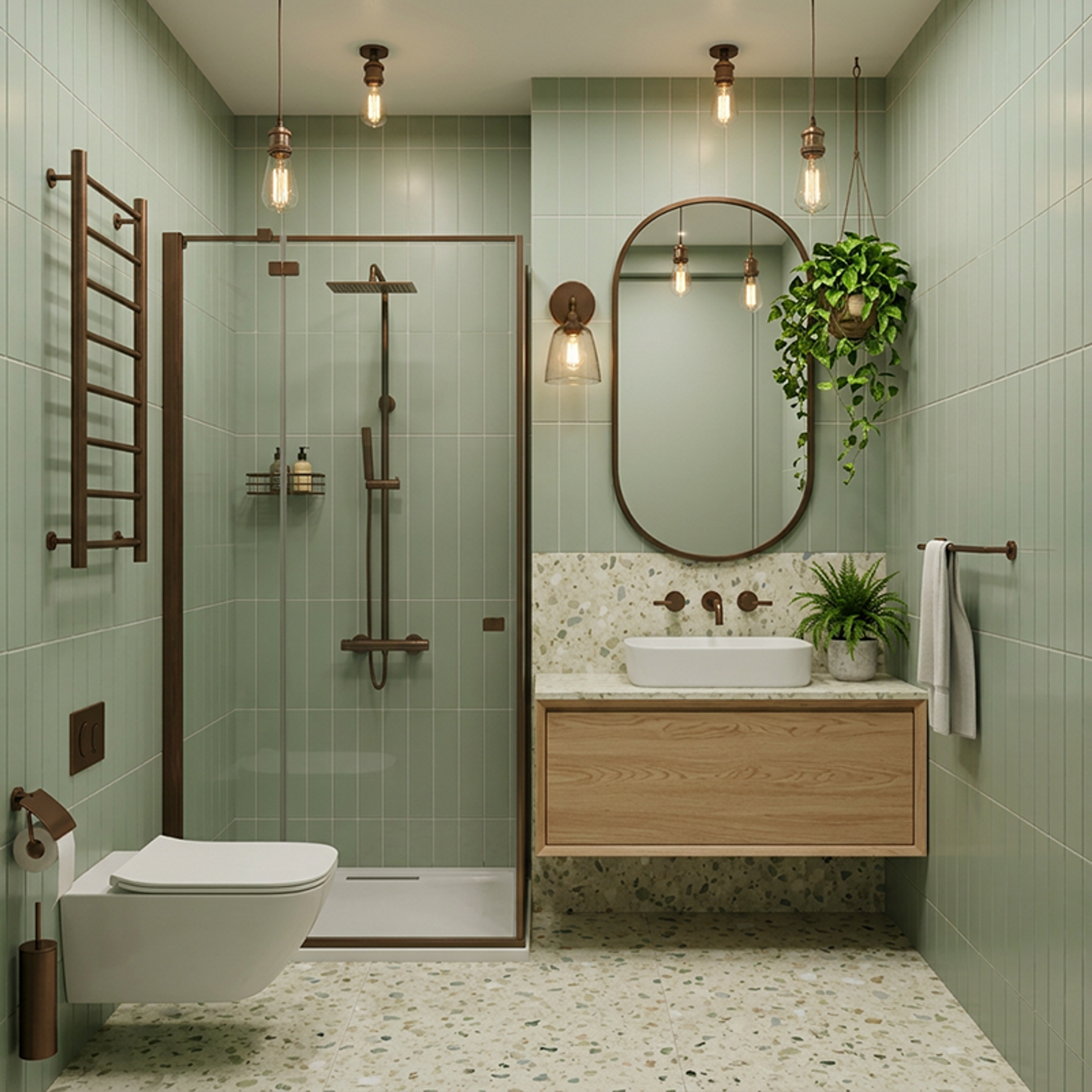 Matte Mint Green Bathroom Tile Design with Multicolour Terrazzo